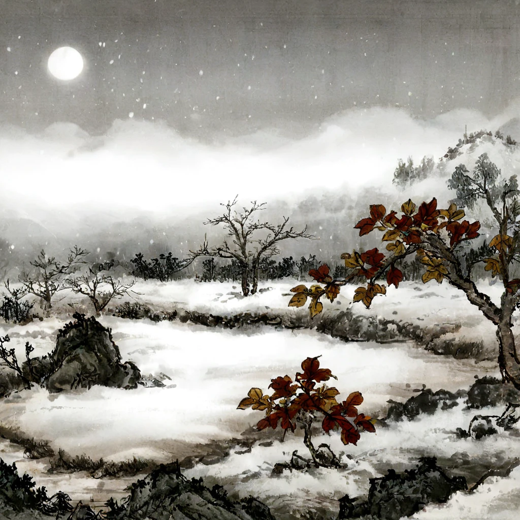 surrealist art Chinese painting,Ink Painting，ink wash painting，ink water， garden scenery in northern China ， Snowy earth and white sky in the background ， A mother is playing in an open space covered with thick fresh snow。 Mother wears a stylish plaid shirt ， Beautiful dark hair and slender legs ，Warm smile。 with autumn leaves in the background 、 trees and white sky ，of leaves，红色of leaves， thick white snow 。 traditional Chinese brushwork ， official art ，羊皮纸水彩Ink Painting，Minimalism，Beige gray ，Rice paper texture， Very high resolution details, Extremely Realistic ,Fine texture, Incredibly realistic 