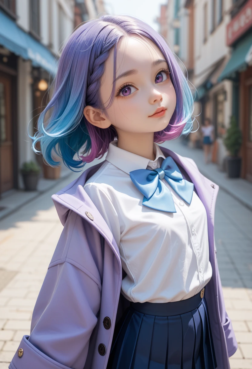 cute junior loli, Double hair, long hair, short hair, two-tone hair, blue hair, purple hair, white shirts, blue bowtie, Thai pleated skirt, middle forehead hair, Long purple coat, transparent