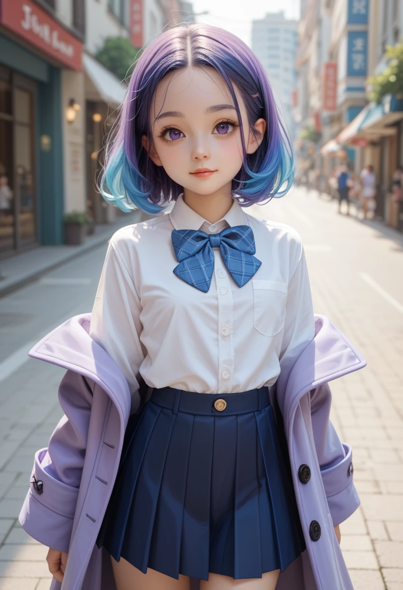 cute junior loli, Double hair, long hair, short hair, two-tone hair, blue hair, purple hair, white shirts, blue bowtie, Thai pleated skirt, middle forehead hair, Long purple coat, transparent