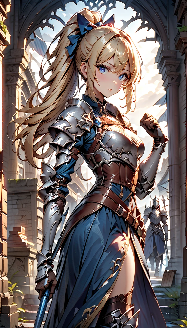  best quality、  Unity 8K Wallpaper、32K、masterpiece、 Very detailed、  ultra high resolution、 Very detailedな顔、 RAW photo、professional、Ultra-detailed paintings、Female Knight、 blue eyes、Blonde、 long ponytail、 blue dress 、Silver Armor、Shoulder rest、breastplate、Small Hands、waist support 、Shin guards、Ready your spear, Stand upright