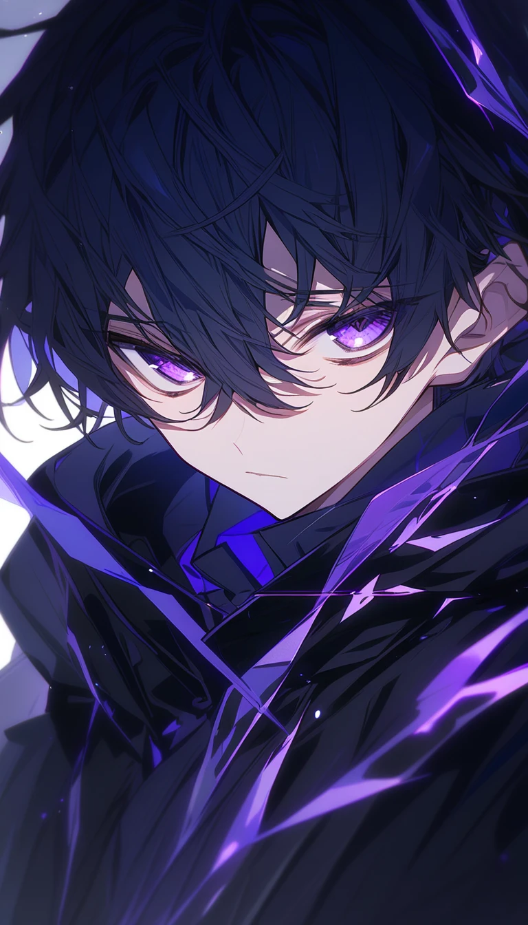  handsome, Alone, 1 boy、 facing here、 charming eyes、masterpiece,  best quality, are looking at me,Purple Eyes、 black hair、 black hood、 No Emotion、 charming eyes、 long bangs 