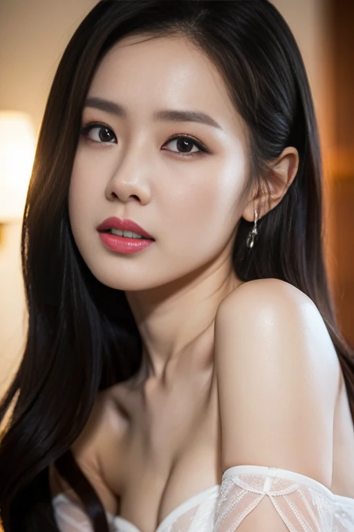 , (Mature body), Solitary,Long gray hair,black hair color, Off-shoulder, black eyes,1 Sister,A sexy pose,best quality,masterpiece,light,Extremely exquisite and beautiful,CG,Unite,8k wallpaper,Astonishing,detailed,masterpiece,Official Art,The content is very detailed Cg Unite 8k wallpaper,Extremely ridiculous,Huge file size,ultra - detailed,high resolution,The content is very detailed,Beautiful and delicate girl,Practical,full,Hotel Room,Light Contrast, Lopez, fully body photo, full, White under underwear