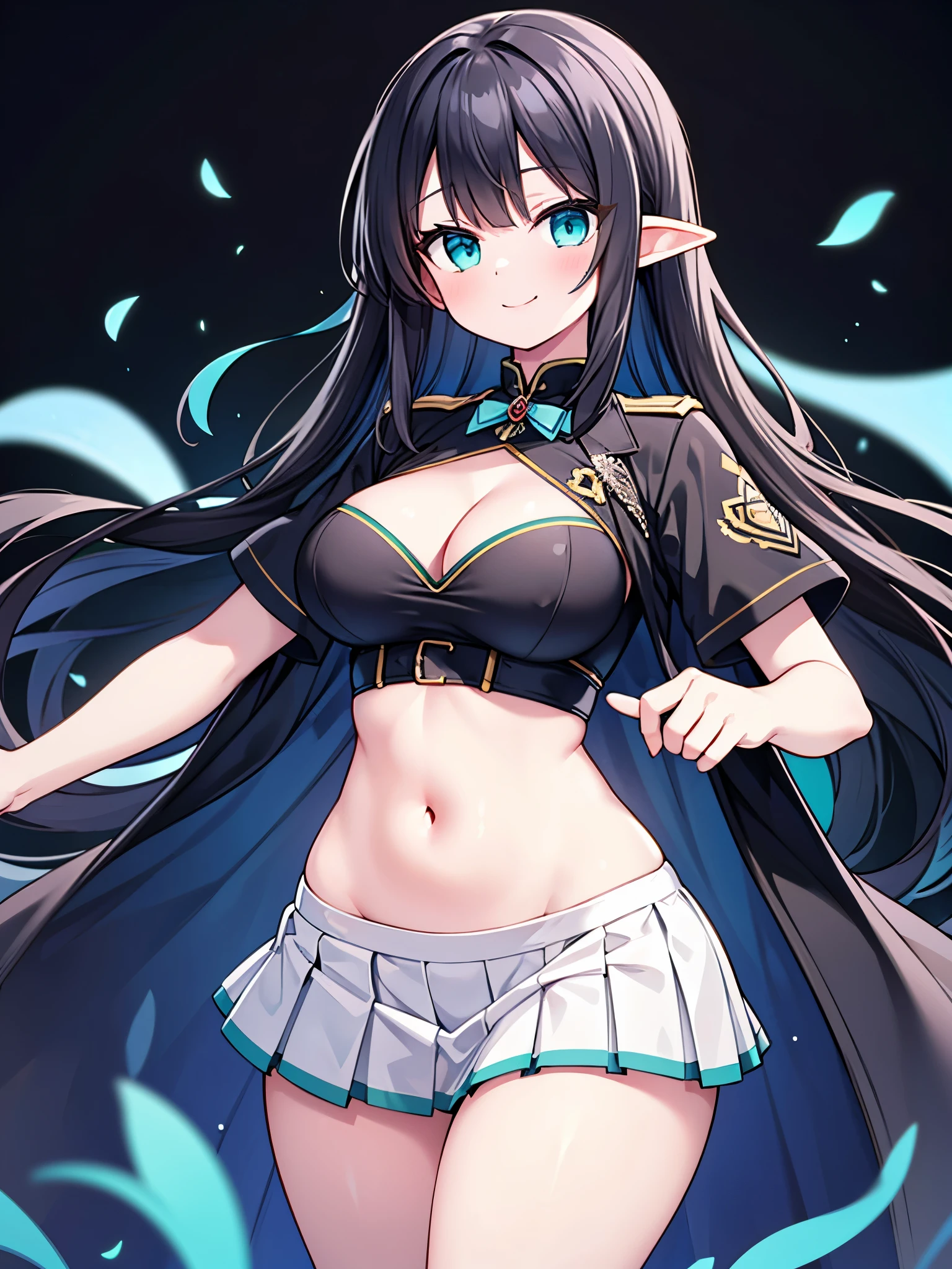 detailed image, realistic image, of 1 elf, with very long black hair, combed with a hairpin, turquoise eyes, she has a curvy body, medium breasts, thin waist, wide hips, thick thighs, she is smiling, winking, heaving her tits, she is wearing a shirt without shoulders, showing her belly button, pleated mini skirt with flowers, black background, uniform background, volumetric lighting