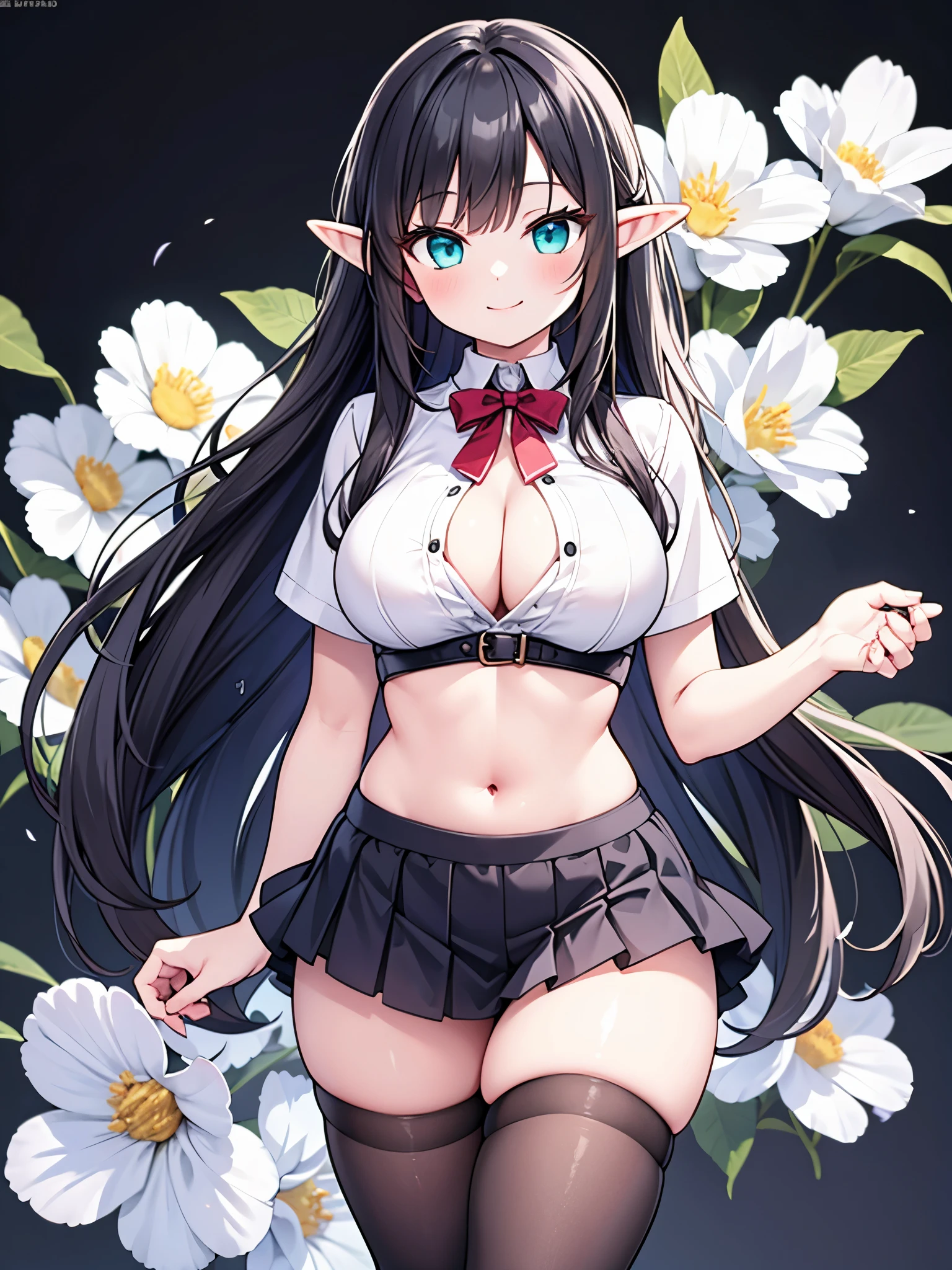 detailed image, realistic image, of 1 elf, with very long black hair, combed with a hairpin, turquoise eyes, she has a curvy body, medium breasts, thin waist, wide hips, thick thighs, she is smiling, winking, heaving her tits, she is wearing a shirt without shoulders, showing her belly button, pleated mini skirt with flowers, black background, uniform background, volumetric lighting