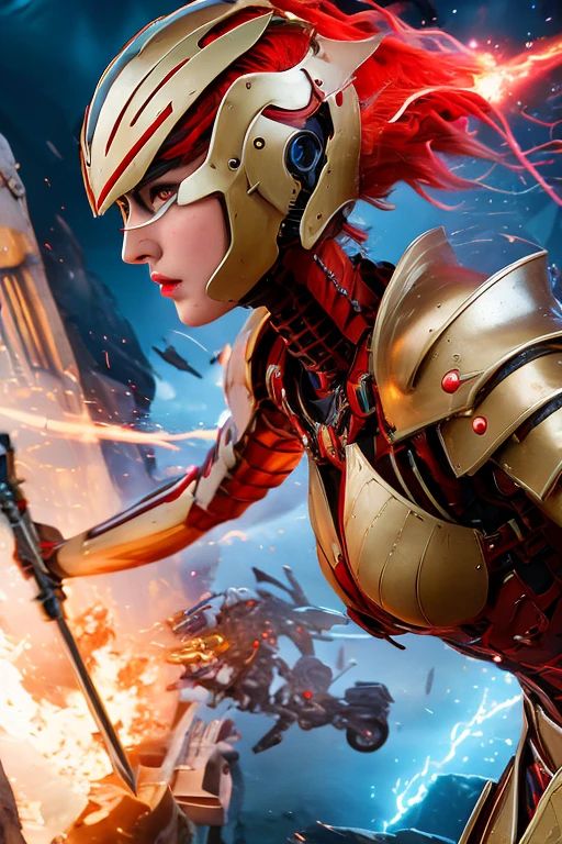 best quality,  highres icon, 8k, masterpiece, ((real photography: 1.5)), whole body,  girl hero,  beautiful face,  well-balanced face , biological exoskeleton armor, High-detailed mechanic armor, High-Tech helmet, Marvel Studio, Iron woman, hollywood movie, battle field, (real movie scene: 1.5), (dynamic angle: 1.5), (Bright Light: 1.2)