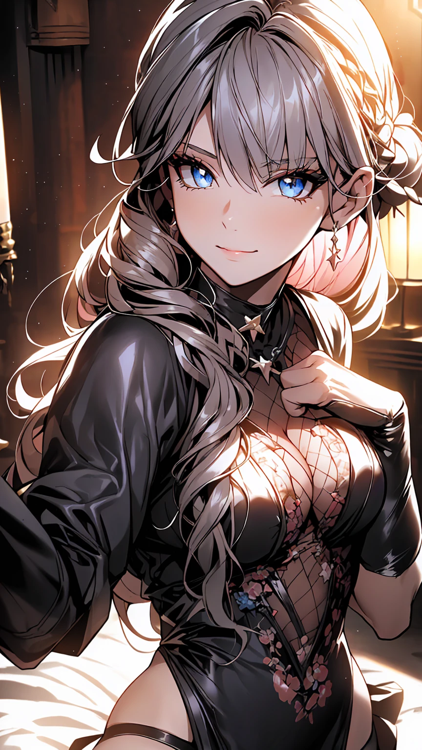 Photograph of the upper body of a beautiful woman, , [see through](brown sweater:1.47),(skirt), big breasts, ( perfect body curves), earring, Sharp focus, (tall body, mature woman), ((Looking ahead)), (Highly detailed skin, hair follicles:1.4) (long silver hair),(purple eyes), Wearing glasses, office outfit 