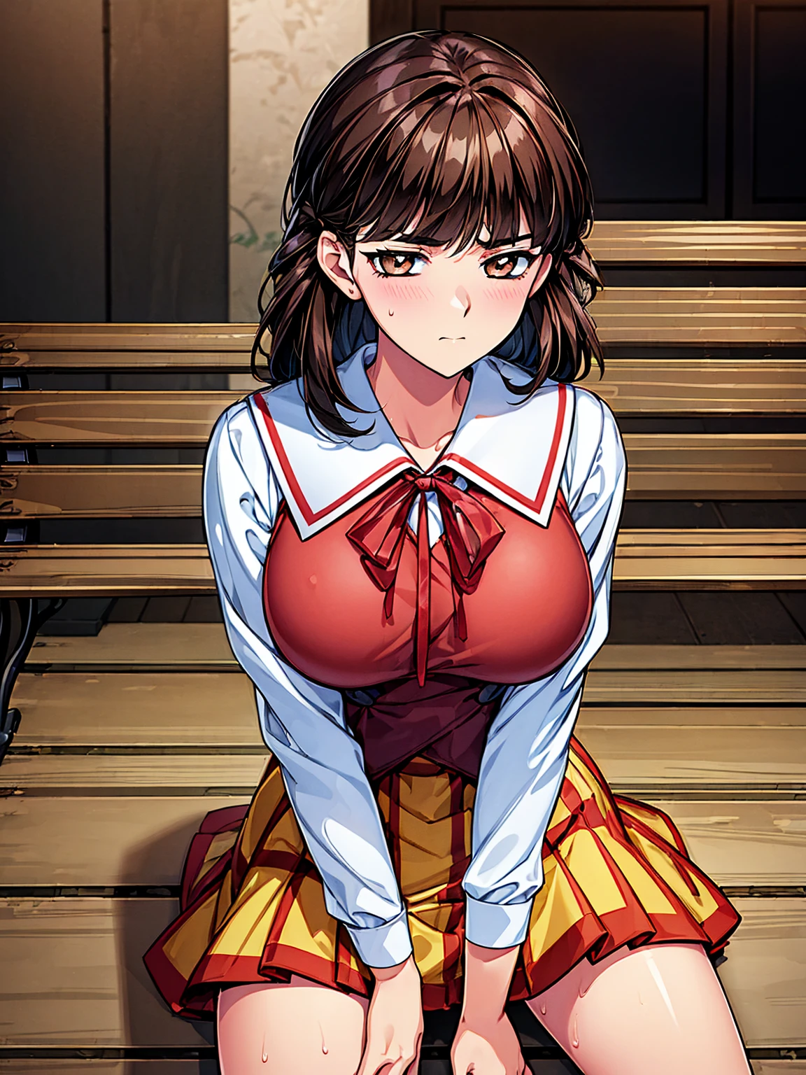 School uniform, red ribbon,long sleeves,white shirt,Brown Vest, black_hair,Long_hair,Bangs,Brown_eyes,Yellow hair ribbon, 1 girl, 18yo,Young female,Beautiful Finger,Beautiful long legs,Beautiful body,Beautiful Nose,Beautiful character design, perfect eyes, perfect face,expressive eyes,perfect balance, looking at viewer,closed mouth,serious, official art,extremely detailed CG unity 8k wallpaper, perfect lighting,Colorful, Bright_Front_face_Lighting,shiny skin, (masterpiece:1.0),(best_quality:1.0), ultra high res,4K,ultra-detailed, photography, 8K, HDR, highres, absurdres:1.2, Kodak portra 400, film grain, blurry background, bokeh:1.2, lens flare, (vibrant_color:1.2),professional photograph, (Beautiful,large_Breasts:1.4), (beautiful_face:1.5),(narrow_waist),  break, 2girls, break ((Costume porn:1.3)), break 2girl, midnight park, large bench, ((sitting on bench at side by side:1.3)), looking at viewer, spreading legs, ((a lot of public hairs:1.4)), BREAAK 2men,((having sex reverse upright position:1.2)), ((inserting penis from behind:1.2)), break (embarrassed:1.2)),((blush:1.2),sweat, break midnight park, (detailed midnight park interior:1.3), break from multiangle view,