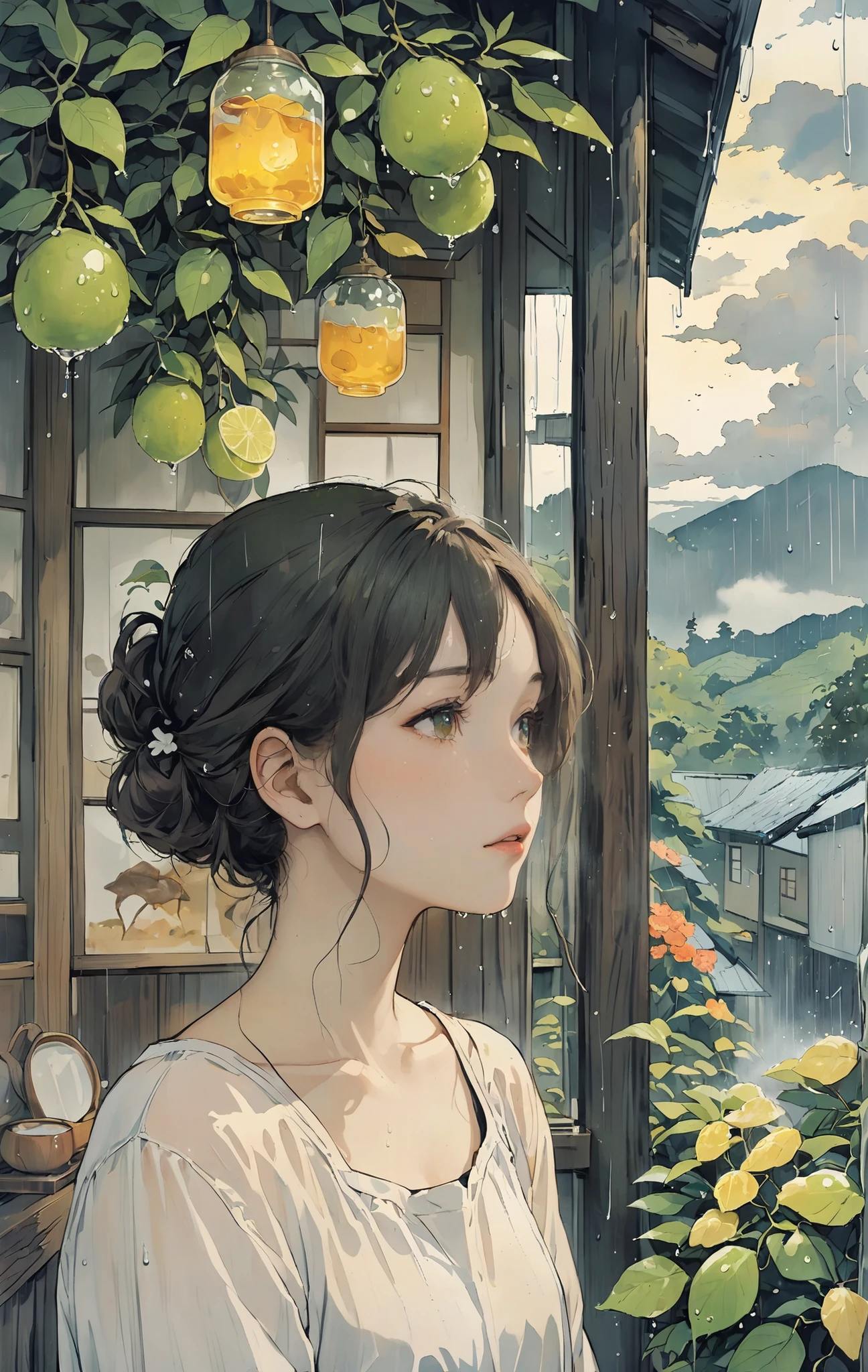 rain, rain, Picturesque, Wide visual acuity ,  beautiful face,  Portrait,  pants style,  drawn on Japanese paper , Afternoon time, Talk,  plastic,late summer, High in the heavens,  toast to those eyes ,  scent of lime , touch,  stand up ,  Kannazuki, woman, Portraiture,  vibes