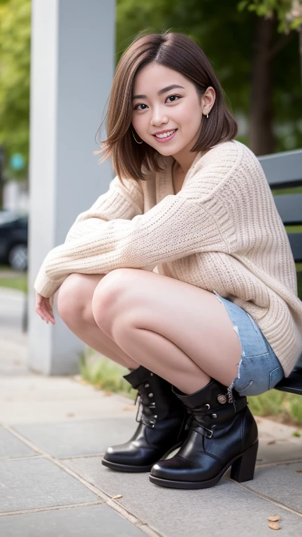 Portrait of a middle-aged Taiwanese woman, 40 years old, cute face, Slim, Tortitz, (big sagging:1.1), huge nipples, wear (Sexy sweater:1.2),  Bokeh background, Simple background, (highly refined skin:1.0), (masterpiece:1.2) (lifelike:1.2) (Bokeh) (best quality) (intricate details) (8K) (high dynamic range) (analog film) (canon d5) (movie lighting) (sharp focus),On the street, kneeling，High heel，whole body