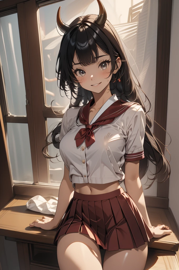 masterpiece, best quality, illustration,8k,hd,1girl,solo,upper body, (horns), (large breasts with tiny nipples), very long hair,black hair,skirt,bow,pleated skirt,white shirt,red bowtie,short sleeves,collared shirt,parted bangs, seecolor, (((shiny skin))), (grin smile), (summer sailor uniform, serafuku:1.34), (open clothes), braless, (showing breasts), (red butterfly tie, naby pleated micro skirt), (sitting, squatting, spreading legs), white long loose socks, (sexy black panties), squirt, (squirting over black panties), bukkake, high res, 8k, raw photo, Ultra details++ , add more details, seecolor