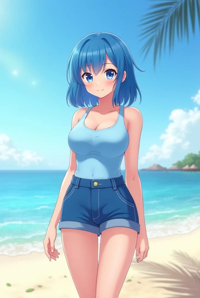 A beautiful girl tenderness happy beautiful big breast light turquoise hair round cut her blue eye wears white top yellow lace thread shows navel and her navy blue Hawaiian skirt flip flops feet