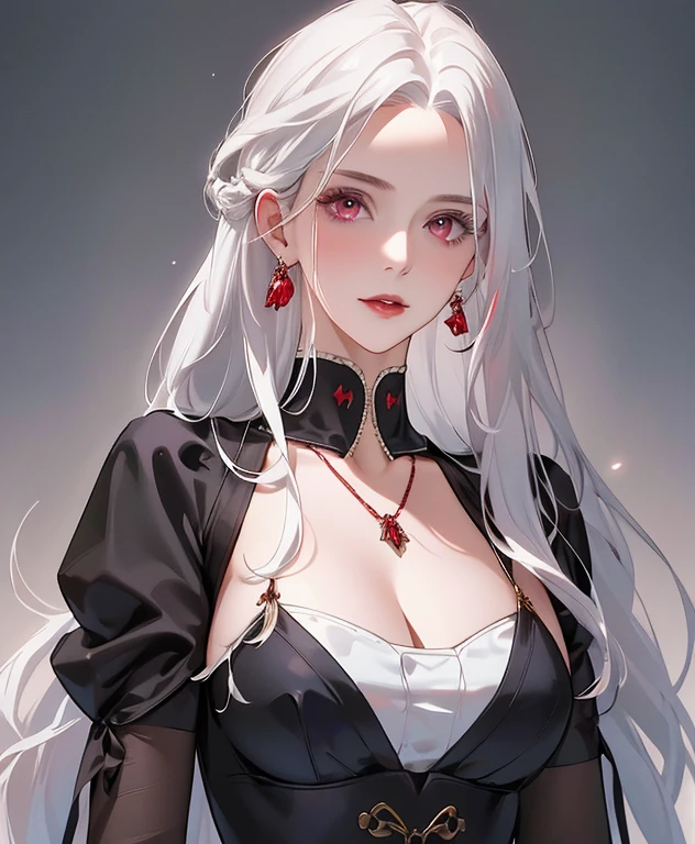 Realistic Portrait, Elegant mature woman (1 female), with deep red eyes, white hair, long hair, ruby amulet, focus on the face, close-up shot, cleavage, gothic black dress, portrait, one girl, white hair, red eyes, disqusted face front view, only upper body, up to waist, soft light, high detail, 4k resolution, high quality, beautiful CG