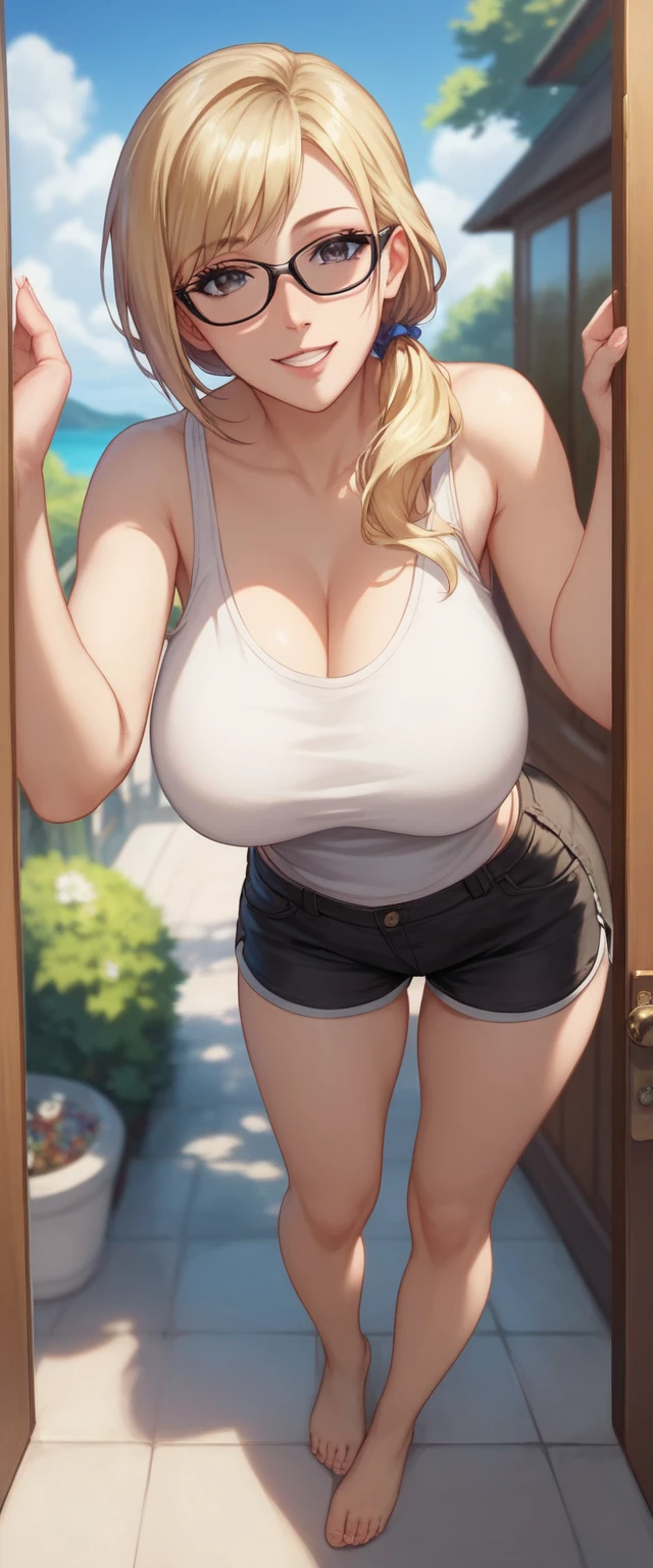 kawakami_mai, best quality, masterpiece, ultra-detailed, high quality, highres, 1girl, mature female, blonde hair, side low ponytail, beautiful, beautiful and perfect face, detailed eyes, detailed eyelashes, (black glasses:1.1), smile, open mouth, looking at viewer, (white tank top, black shorts), large breasts, sexy curvy body, POV, close shot, from the front, standing, full body, feet, in home, open the door, leaning forward