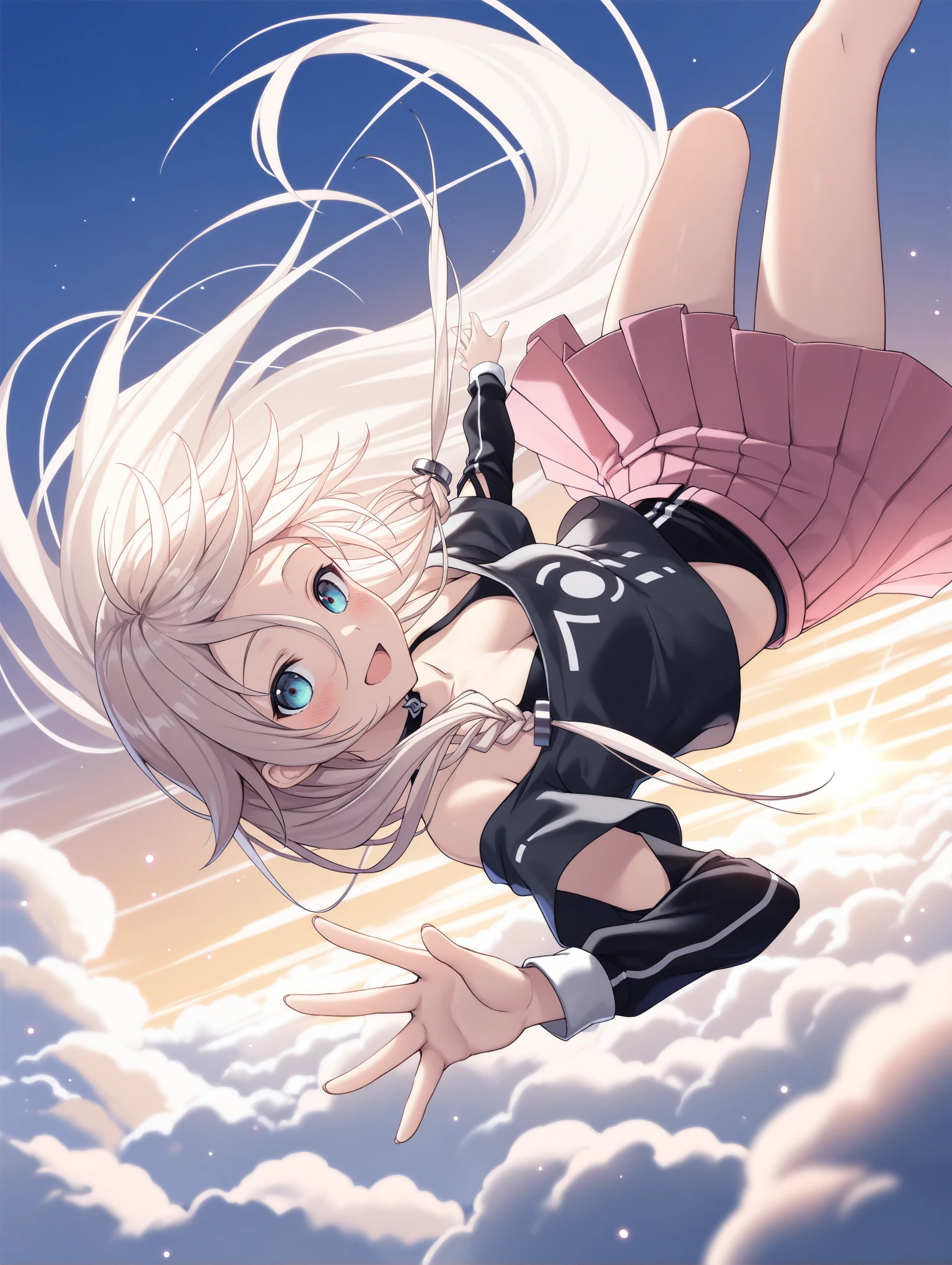 rim light, sky, cloud, (dappled sunlight:1.2), sunset, 1girl, ia_(vocaloid), off-shoulder (detouched sleeve:1.2) crop top black shirt over black tank top, pink skirt, floating clothes, small breasts, cleavage, falling, upside down, smile, open mouth, blush, on back, (dynamic falling pose:1.2), light particles, (wide shot:1.2), looking at viewer, close-up, (colorful:1.3), from below, (face focus:1.2), dutch angle, floating hair, humid skin, fine fabric emphasis
 ,masterpiece,best quality,newest,