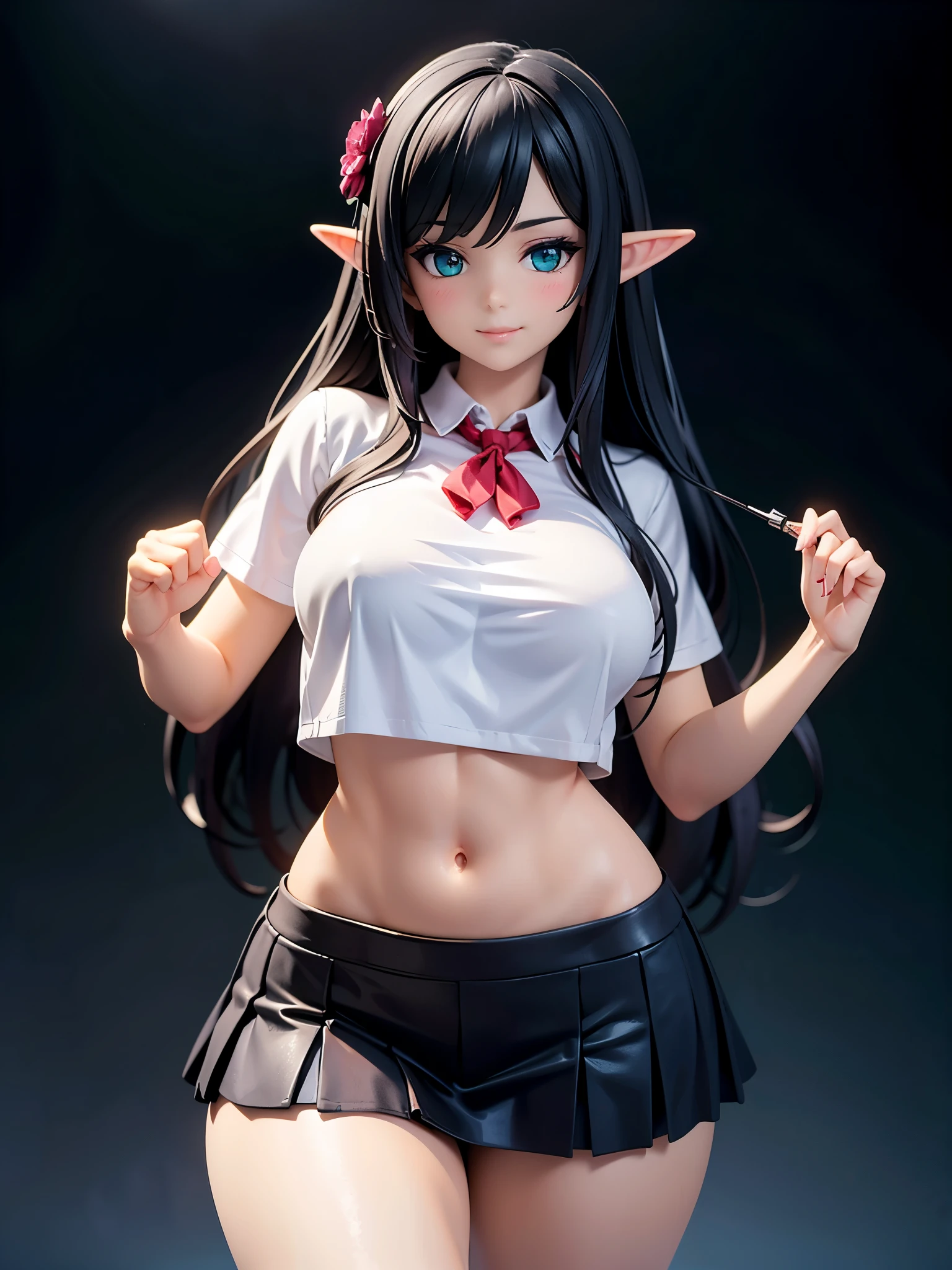 detailed image, realistic image, of 1 elf, with very long black hair, combed with a hairpin, turquoise eyes, she has a curvy body, medium breasts, thin waist, wide hips, thick thighs, she is smiling, winking, heaving her tits, she is wearing a shirt without shoulders, showing her belly button, pleated mini skirt with flowers, black background, uniform background, volumetric lighting