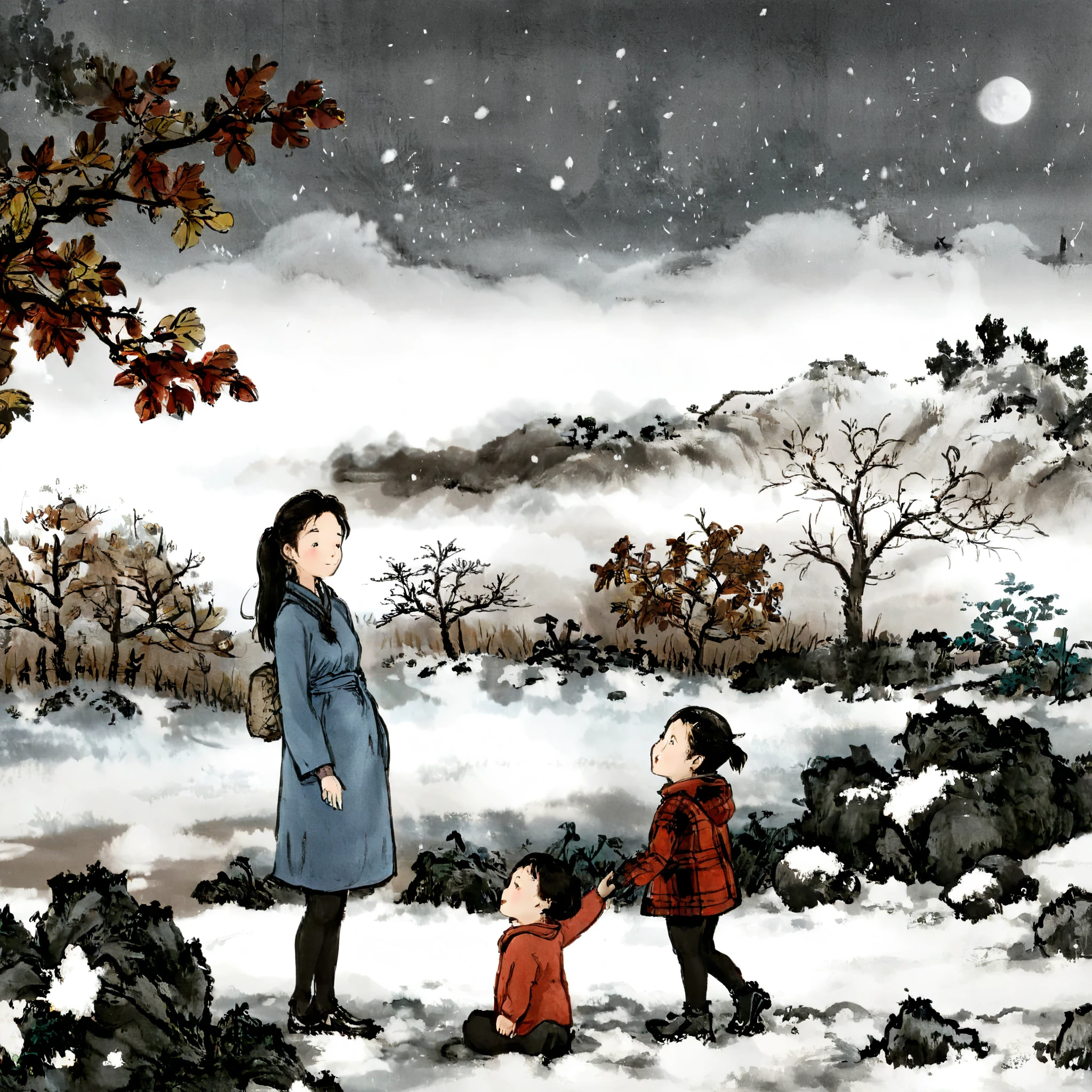 surrealist art Chinese painting,Ink Painting，ink wash painting，ink water， garden scenery in northern China ， Snowy earth and white sky in the background ，mother and child，mother and child， A mother is playing in an open space covered with thick fresh snow。 Mother wears a stylish plaid shirt ， Beautiful dark hair and slender legs ，Warm smile。 with autumn leaves in the background 、 trees and white sky ，of leaves，红色of leaves， thick white snow 。 traditional Chinese brushwork ， official art ，羊皮纸水彩Ink Painting，Minimalism，Beige gray ，Rice paper texture， Very high resolution details, Extremely Realistic ,Fine texture, Incredibly realistic 