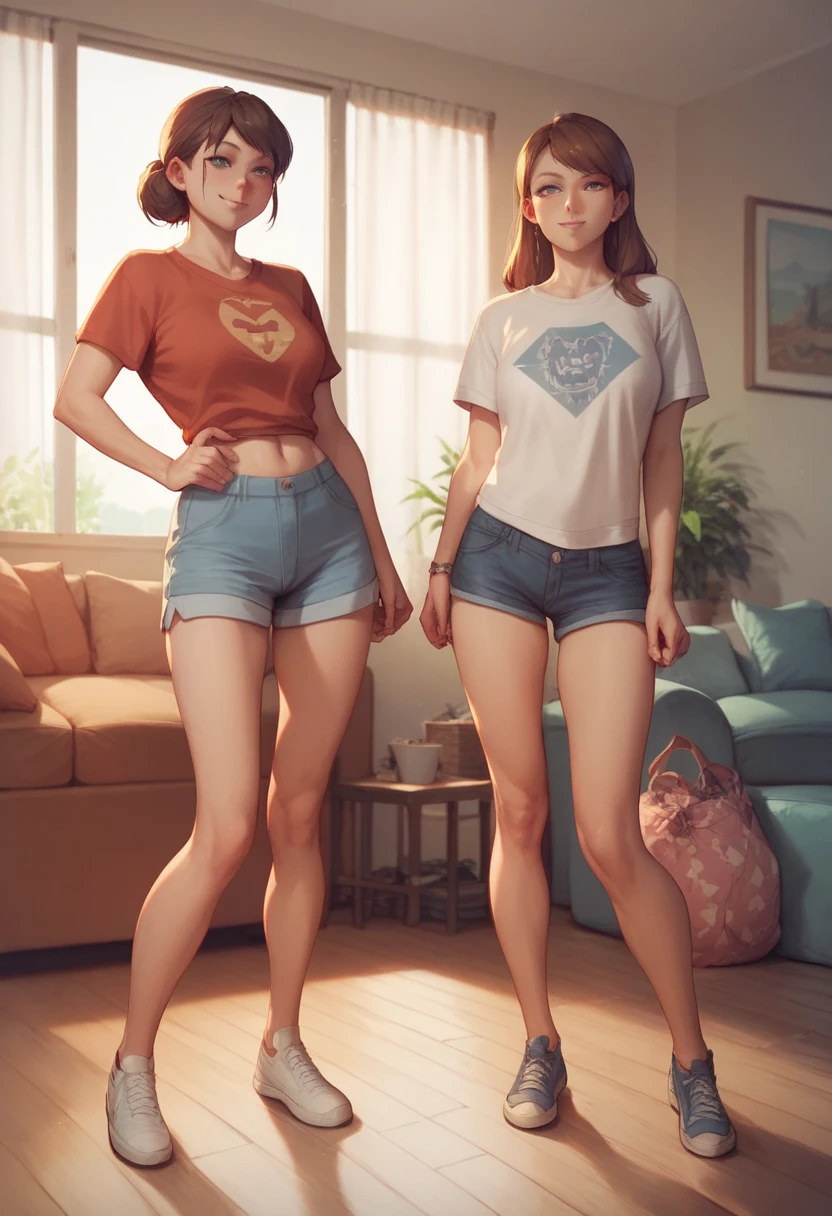 2girls. (daughter and her mother. two girls standing next to each other. ) t-shirts, shorts,Anime images, high quality living room background,  