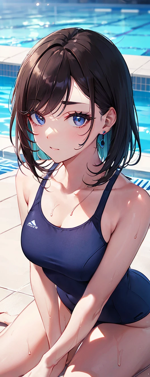   best quality,8k wallpaper,( beautiful and elegant :1.6), detailed face ,perfect lighting , CG in detail,Perfect hands,perfect anatomy, young woman,  College Student ,slender, brown hair, blue eyes, medium hair ,(swept bangs:1.3),(eyebrow:1.2),(eyeliner:1.5),swim suit, Poolside,(Sweating:1.3), kneeling