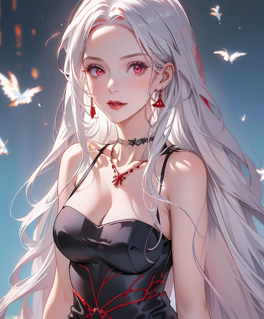 Realistic Portrait, Elegant mature woman (1 female), with deep red eyes, white hair, long hair, ruby amulet, focus on the face, close-up shot, cleavage, gothic black dress, portrait, one girl, white hair, red eyes, disqusted face front view, only upper body, up to waist, soft light, high detail, 4k resolution, high quality, beautiful CG