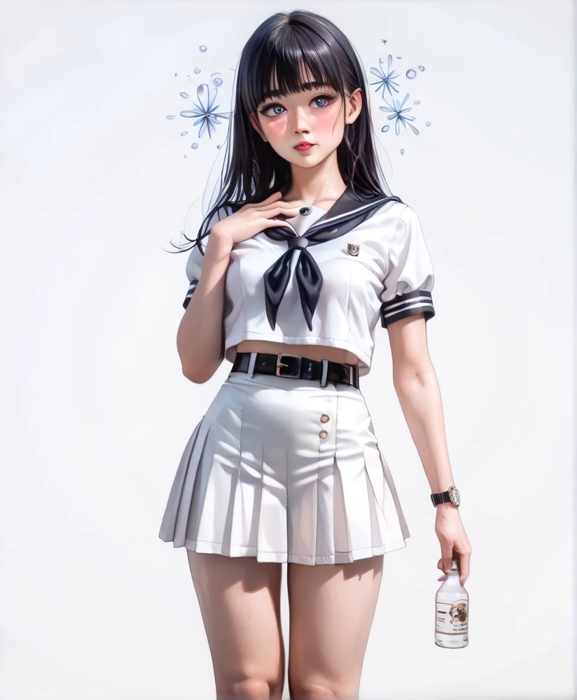  high resolution image ,  best quality , (A beautiful Korean girl is standing in a １Please describe a person ), ( embarrassed :0.5),(Drunk:1.1), real skin ,skinny body, small breasts,  shiny black hair , super detailed round eyes,(( stares at viewers:1.0)),((White background:1.2)),((Black belt)),(( A watch with a realistic round bezel on the wrist:1.2)),  erotic pose,(( Cowboy Shots:1.8)),24K,(( place one hand on your chest:1.2)),((white and black sailor suit with short sleeve and super mini skirt:1.2)),Expose the thighs ,Expose your arms,Attractive thighs,((Please depict the body above the knee:1.5))