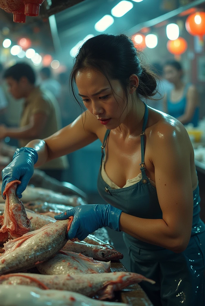 (Unsanitary and dirty fishing port, Seafood market in tourist area), ((30 years old、Beautiful woman)), ((Full nudity)), A vibrant seafood market, Long eyelashes, Beautiful Lips、smile, Expressive eyes, Beautiful Skin, High quality photos, Vibrant colors, Delicate depiction, short hair, Low Ponytail, Red lipstick, sexy, Nipples