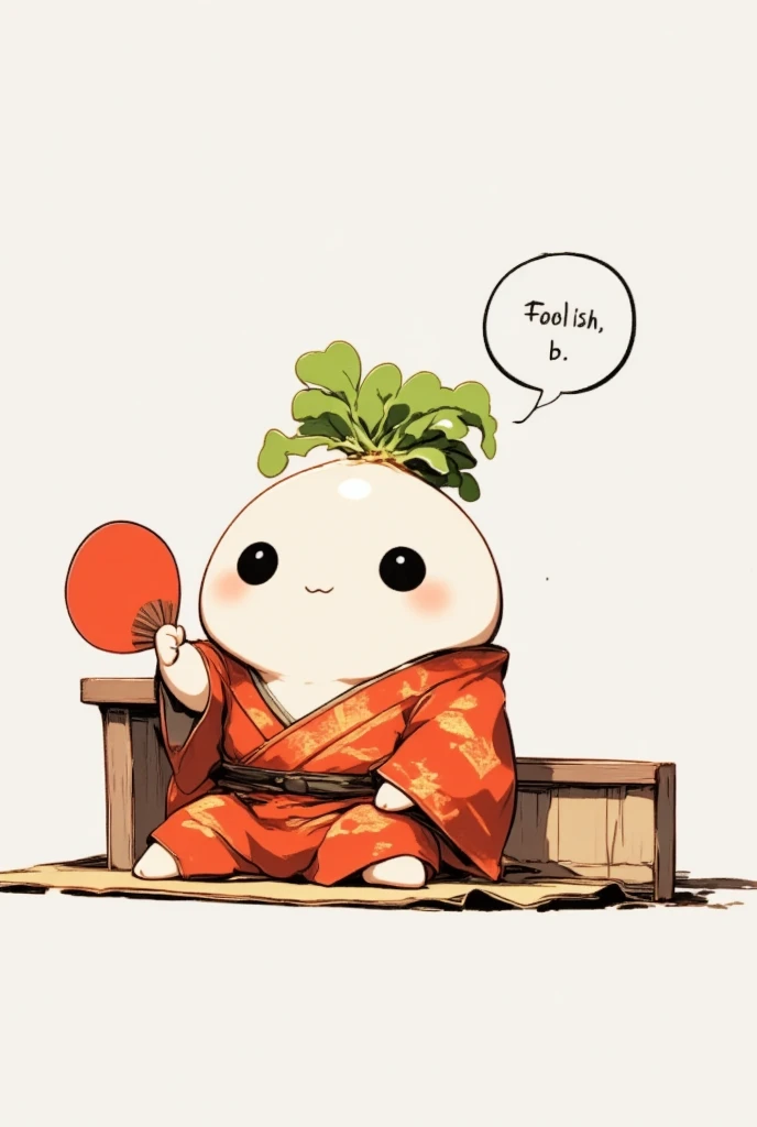 Chibi character、 a chubby anime character 、 a chubby, round-faced white turnip radish 、 with a green leaf-like topknot 、Black circle eyes、 a flat nose with only a horizontal line drawn on it 、 wearing a bright red crested haori and hakama 、 holding a red circle fan on a white background in his right hand 、 sitting on the tatami mat with an arrogant attitude 、 resting his left elbow on the armrest 、Towards the viewer「おろか、B」とマンガのふきだし付きでコメントしている、