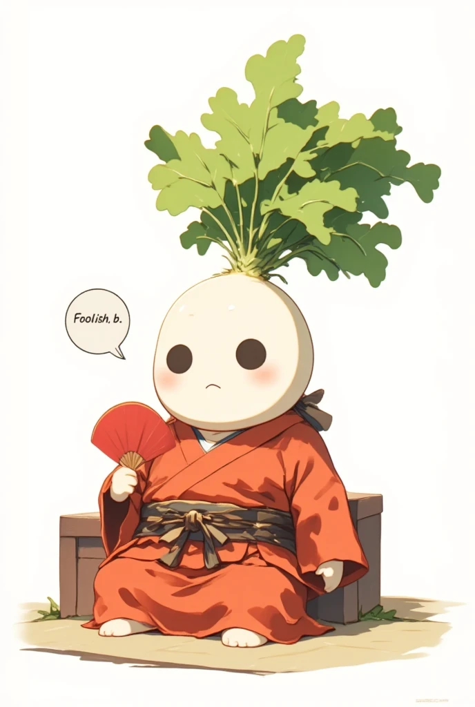 Chibi character、 a chubby anime character 、 a chubby, round-faced white turnip radish 、 with a green leaf-like topknot 、Black circle eyes、 a flat nose with only a horizontal line drawn on it 、 wearing a bright red crested haori and hakama 、 holding a red circle fan on a white background in his right hand 、 sitting on the tatami mat with an arrogant attitude 、 resting his left elbow on the armrest 、Towards the viewer「おろか、B」とマンガのふきだし付きでコメントしている、