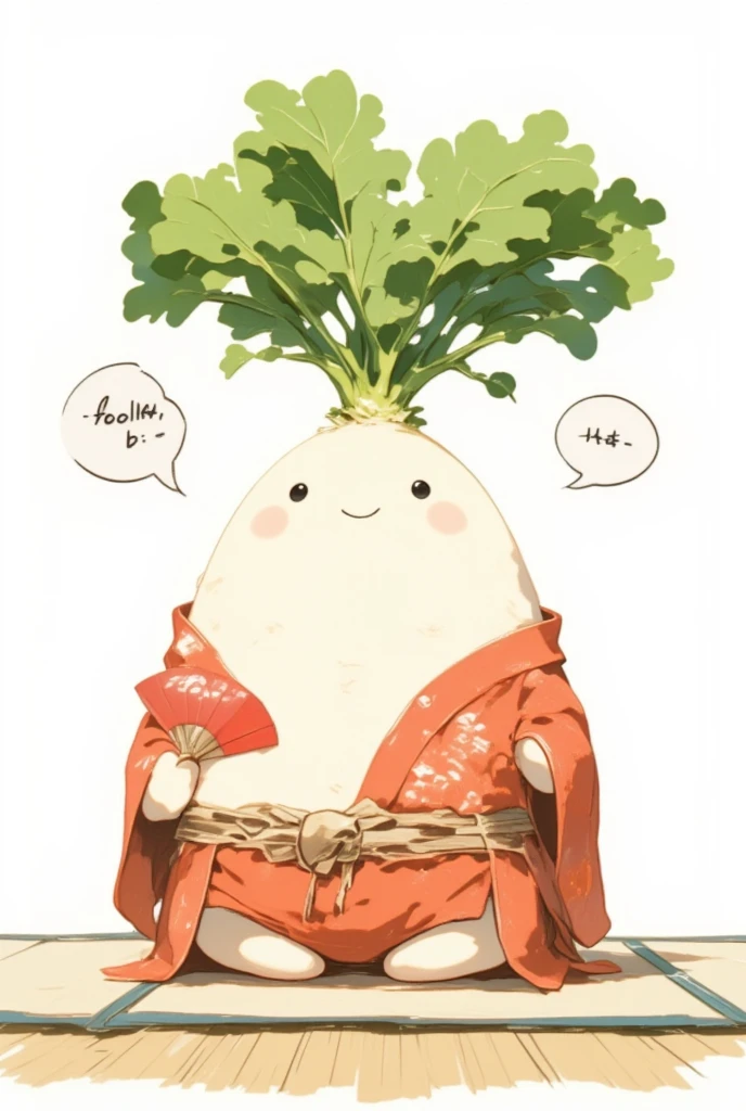 Chibi character、 a chubby anime character 、 a chubby, round-faced white turnip radish 、 with a green leaf-like topknot 、Black circle eyes、 a flat nose with only a horizontal line drawn on it 、 wearing a bright red crested haori and hakama 、 holding a red circle fan on a white background in his right hand 、 sitting on the tatami mat with an arrogant attitude 、 resting his left elbow on the armrest 、Towards the viewer「おろか、B」とマンガのふきだし付きでコメントしている、