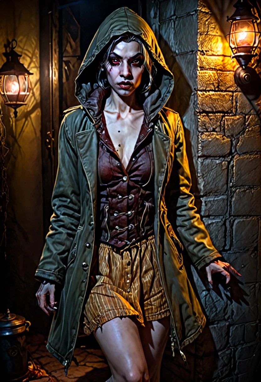 realistic, Charlie Bowater style, vampire, ugly woman, left eye swollen shut, pockmarked skin, overlong fingers, yellowish eyes, no breasts, old coat with hood, miniskirt (faded and frayed), combat boots, stands in a dark corner away from a lantern in the shadows and watches, night, front to the viewer