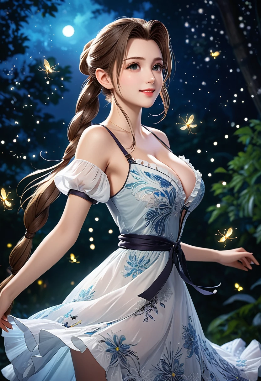 (((masterpiece))),((Highest quality)),Beautiful girl, Aerith, Sexy witch, bangs、(Long Hair, Braided ponytail:1.5)、(((huge firm bouncing bust, Deep cleavage)))、23 years old、Translucent white skin, Sweat, (Gorgeous frilled dress with intricate patterns:1.5)、Japanese girl、 Beautiful digital artwork, Beautiful fantasy art, dynamic sely poses, A kind smile, Mysterious Background, Aura, A gentle gaze, BREAK, Small faint lights and flying fireflies, night, lanthanum,