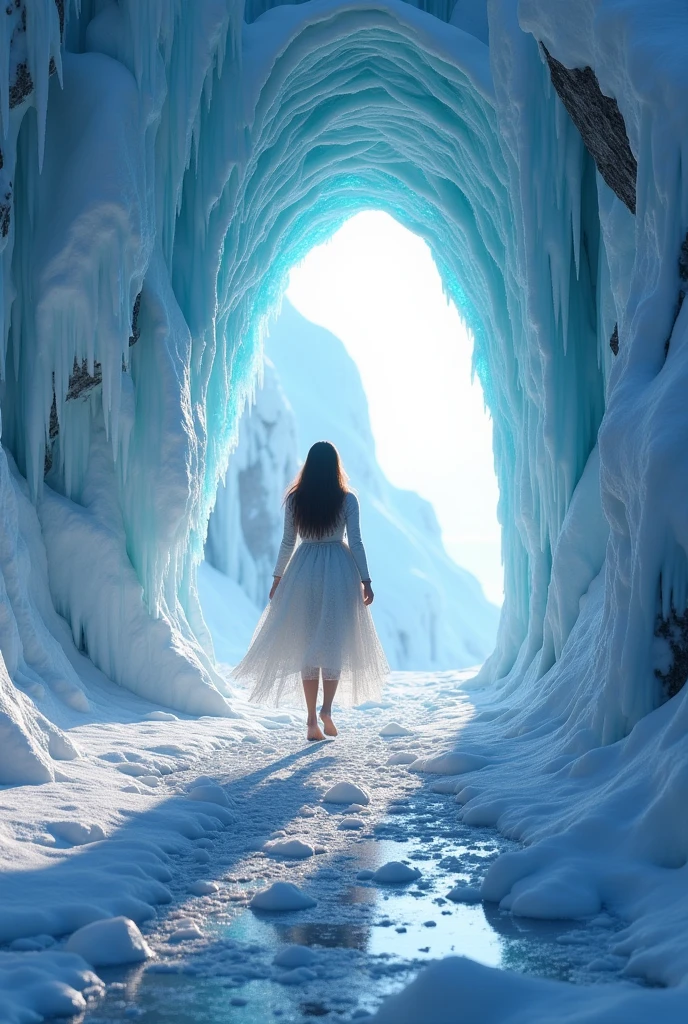 photorealistic arc shape sparkling ice crystal rainbow bridge,thirty degrees left view, low angle shot, a supermodel walking on it, intricate, highly detailed, digitally cinematic background, left angle, 