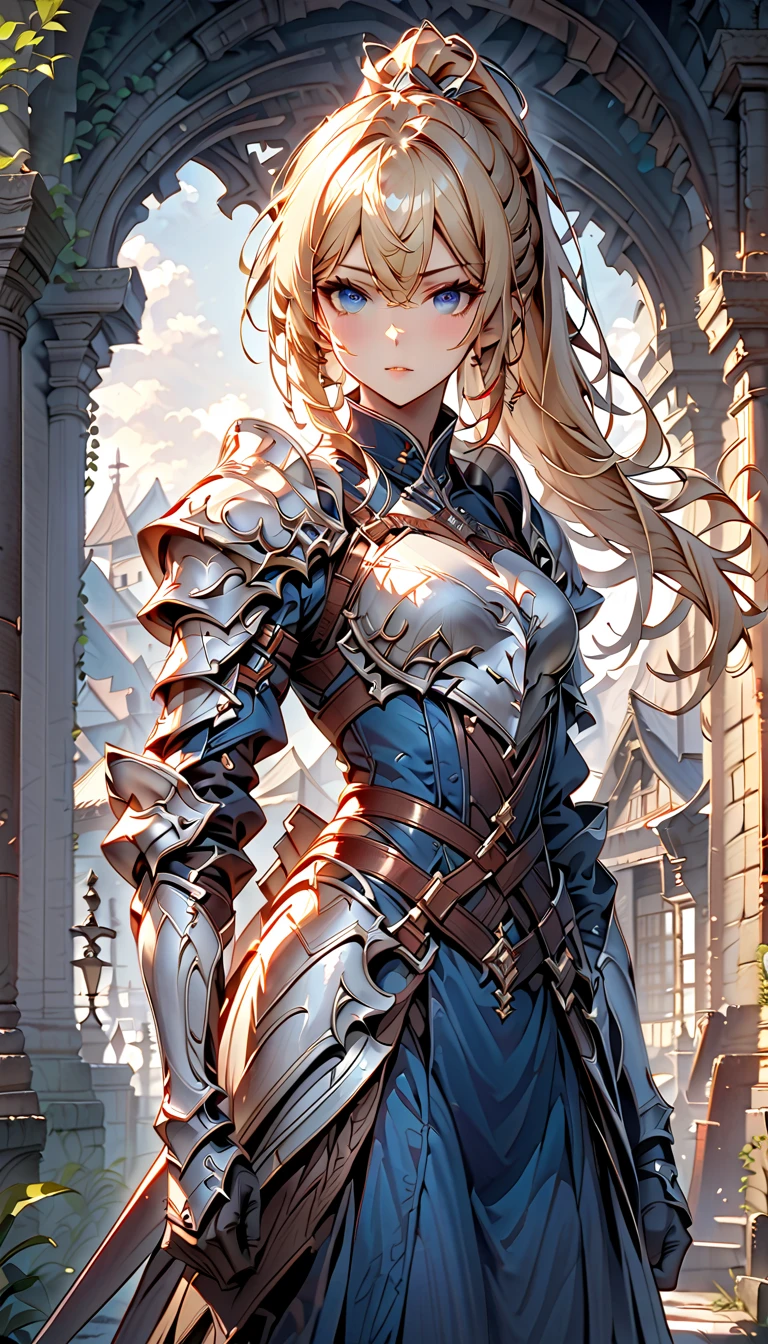  best quality、  Unity 8K Wallpaper、32K、masterpiece、 Very detailed、  ultra high resolution、 Very detailedな顔、 RAW photo、professional、Ultra-detailed paintings、Female Knight、 blue eyes、Blonde、 long ponytail holding up a shield、 blue dress 、Silver Armor、Shoulder rest、breastplate、Small Hands、waist support 、Shin guards、Ready your spear, 盾を掲げる, Stand upright