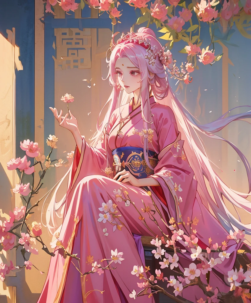 Arafa woman in pink dress with flower crown on her head, colored photo, inspired by Lan Ying, trends in the CG community, Realism, Hanfu, palace ， a girl in Hanfu, ancient Chinese princess, fair empress fantasy, Ancient Chinese Art Style, princess of an ancient Asian dynasty, Chinese Empress, white Hanfu, Chinese princess,Looking down,