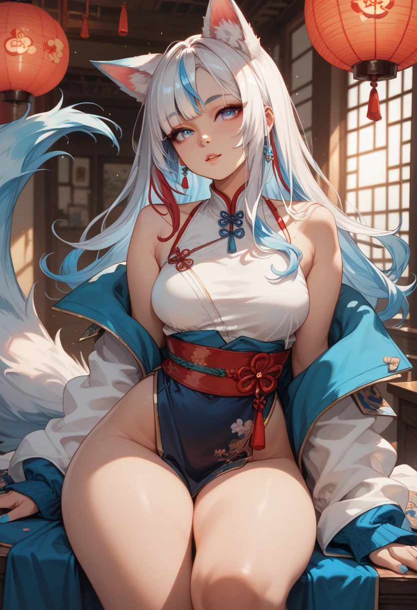 (A highly detailed:1.7)、(From below:1.3)、(19-year-old woman、blue eyes、silber hair:1.5)、(Huge breasts:1.2)、(Smile:1.0)、(Solo:1.5)、(Long ponytail)、(shrine maiden:1.2)、I have a tattoo on my arm、