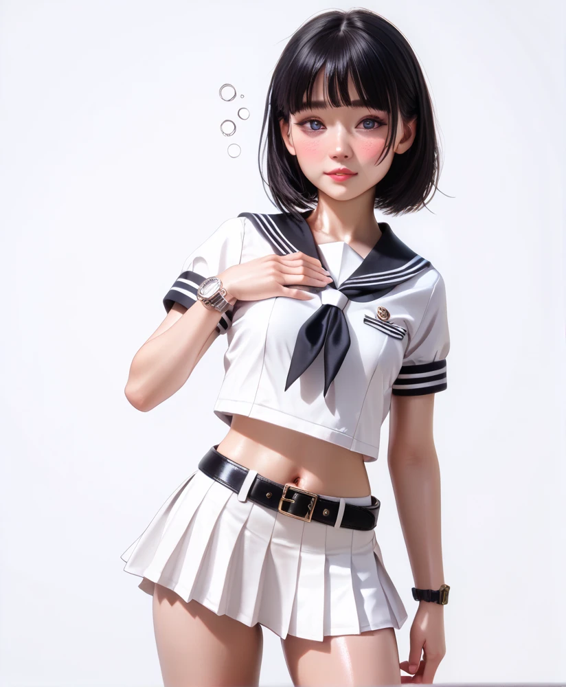  high resolution image ,  best quality , (A beautiful Korean girl is standing in a １Please describe a person ), ( embarrassed :0.5),(Drunk:1.1), real skin ,skinny body, small breasts,  shiny black hair , super detailed round eyes,(( stares at viewers:1.0)),((White background:1.2)),((Black belt)),(( watch with a realistic round bezel on her wrist:1.2)),  erotic pose,(( Cowboy Shots:1.8)),24K,(( place one hand on your chest:1.2)),((white and black sailor suit with short sleeve and super mini skirt:1.2)),Expose the thighs ,Expose your arms,Attractive thighs,((Please depict the body above the knee:1.5))