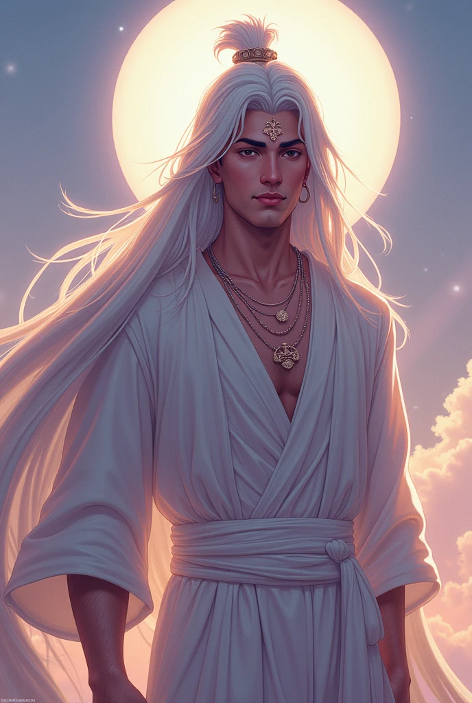 A handsome young man with white hair who is the god of the moon