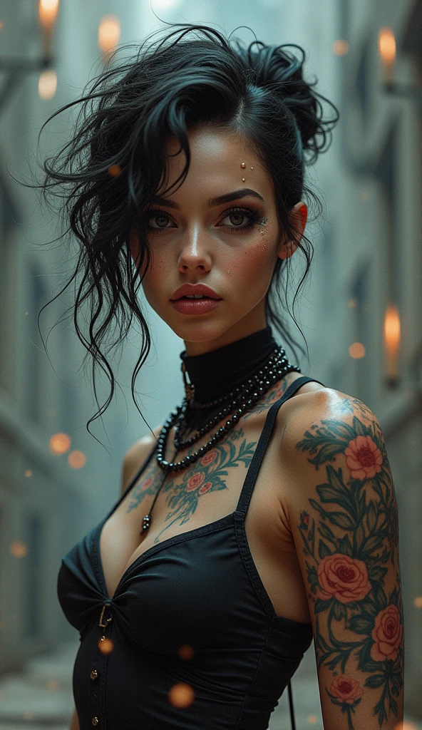 In this striking portrait, a woman with brown and black hair stands before the viewer, her gaze unwavering. Her lips are closed, but her collarbone is visible, adding a touch of vulnerability to her confident stance. The subtle hints of makeup, including mascara and a bold lipstick, enhance her natural beauty. The portrait is letterboxed, giving it a cinematic quality, and her nose is perfectly sculpted. As a final touch, her face is adorned with splatters of paint, adding a touch of creativity and playfulness to the overall image.