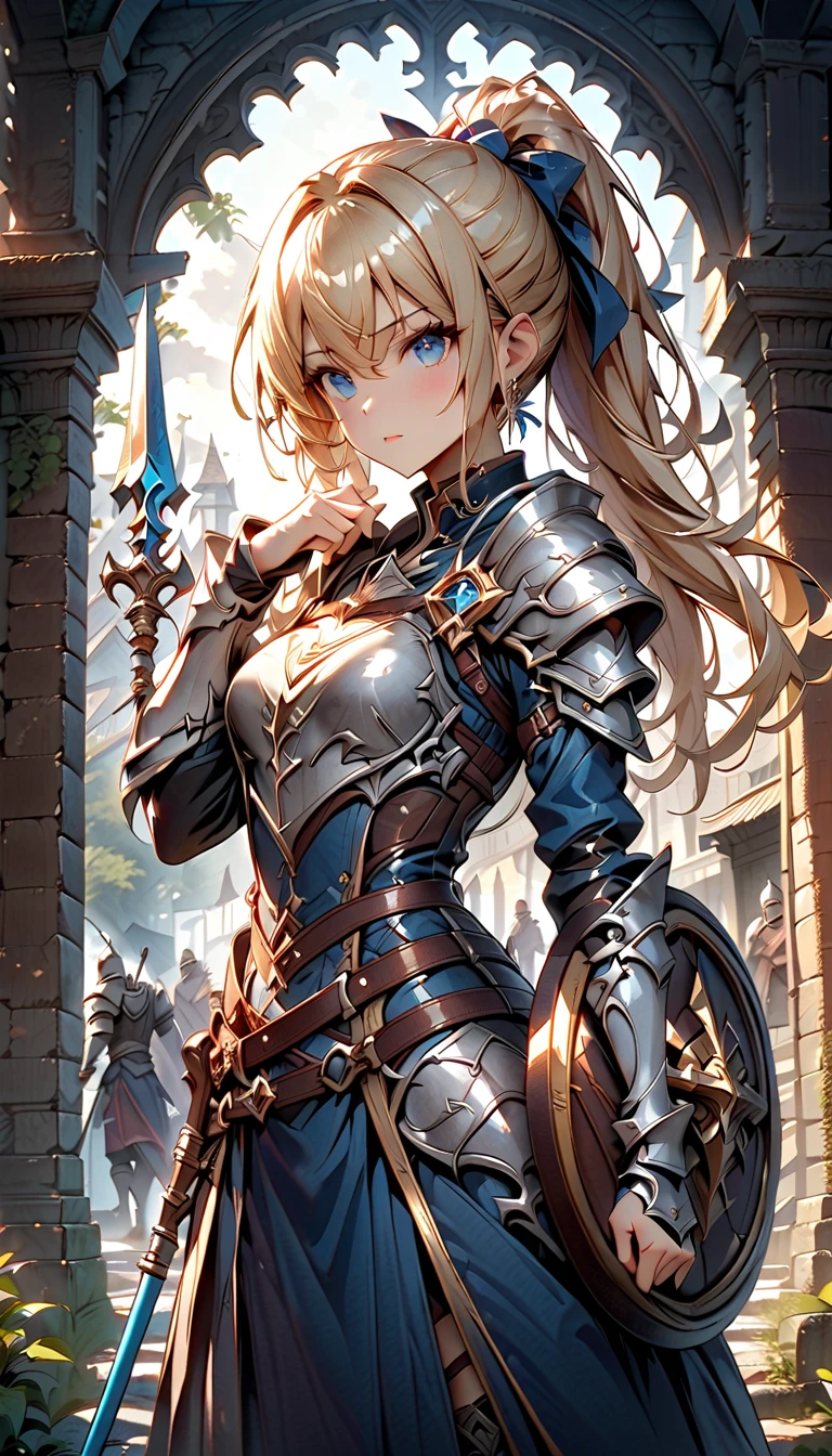  best quality、  Unity 8K Wallpaper、32K、masterpiece、 Very detailed、  ultra high resolution、 Very detailedな顔、 RAW photo、professional、Ultra-detailed paintings、Female Knight、 blue eyes、Blonde、 long ponytail holding a spear、 blue dress 、Silver Armor、Shoulder rest、breastplate、Small Hands、waist support 、Shin guards、Hold up a spear and shield, Stand upright