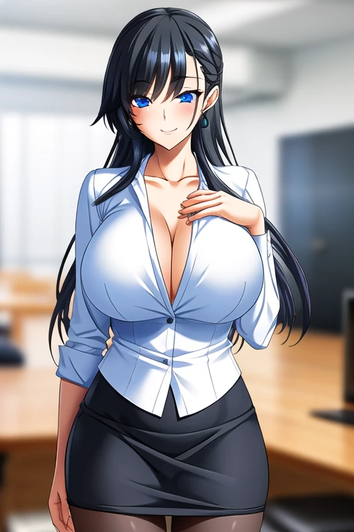 (最 High Quality , masterpiece:1.2),Simple office , laptop on table,chair, sunlight shining through window ,  beautiful lighting, Long Hair,Diagonal bangs, black hair, blue eyes, office worker , grey suit,white cut shirt , pencil skirt, black pantyhose,clavicle, chest C-cup , earrings for women  ,Jewel Neck , blush,Grin,Composition from head to below the knee ,Stand Upright, 1 girl ,Alone,  is anatomically correct ,accurate,  high definition model ,  high detail,  High Quality ,  Very detailed,  Ultra High Definition,  background blur ,  8k octane, 