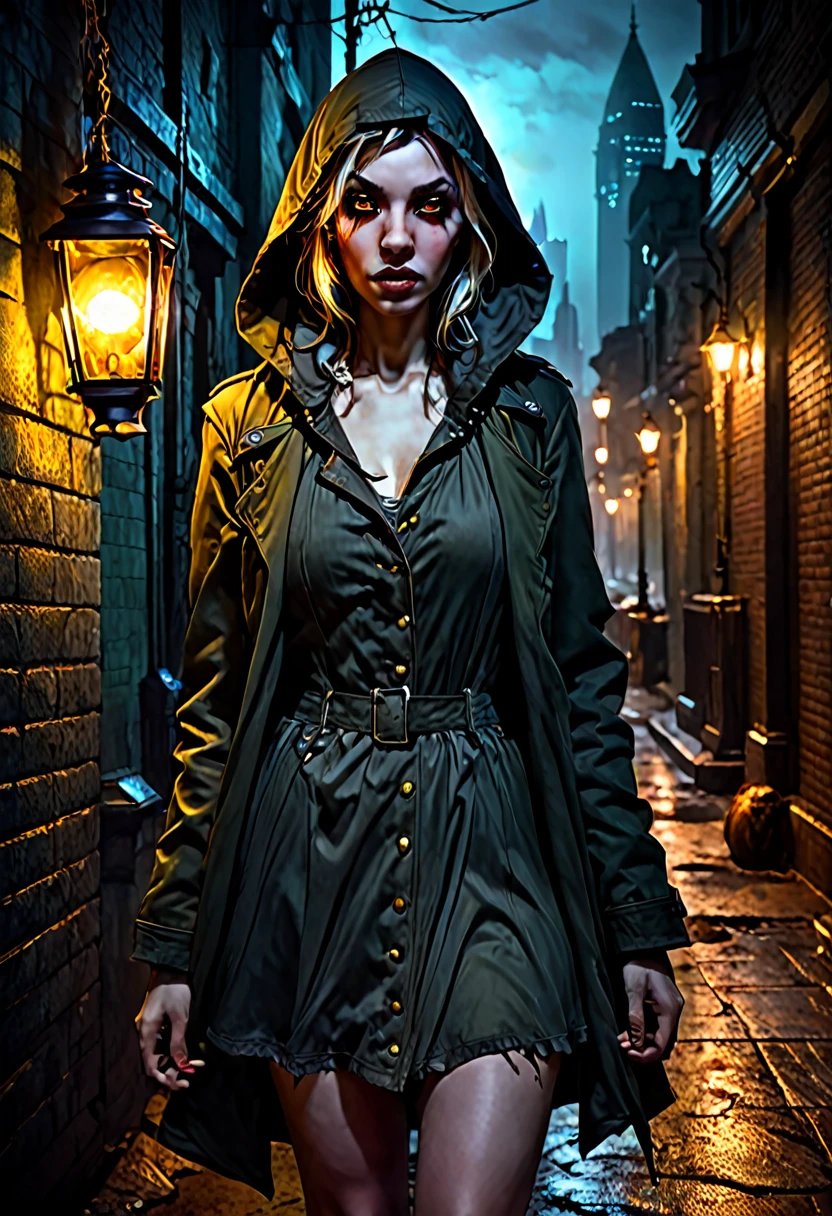 ealistic, Charlie Bowater style, vampire, ugly woman, left eye swollen shut, pockmarked skin, overlong fingers, yellowish eyes, no breasts, old coat with hood, miniskirt (faded and frayed), combat boots, stands in a dark corner away from a lantern in the shadows and watches, night, front to the viewer, modern city