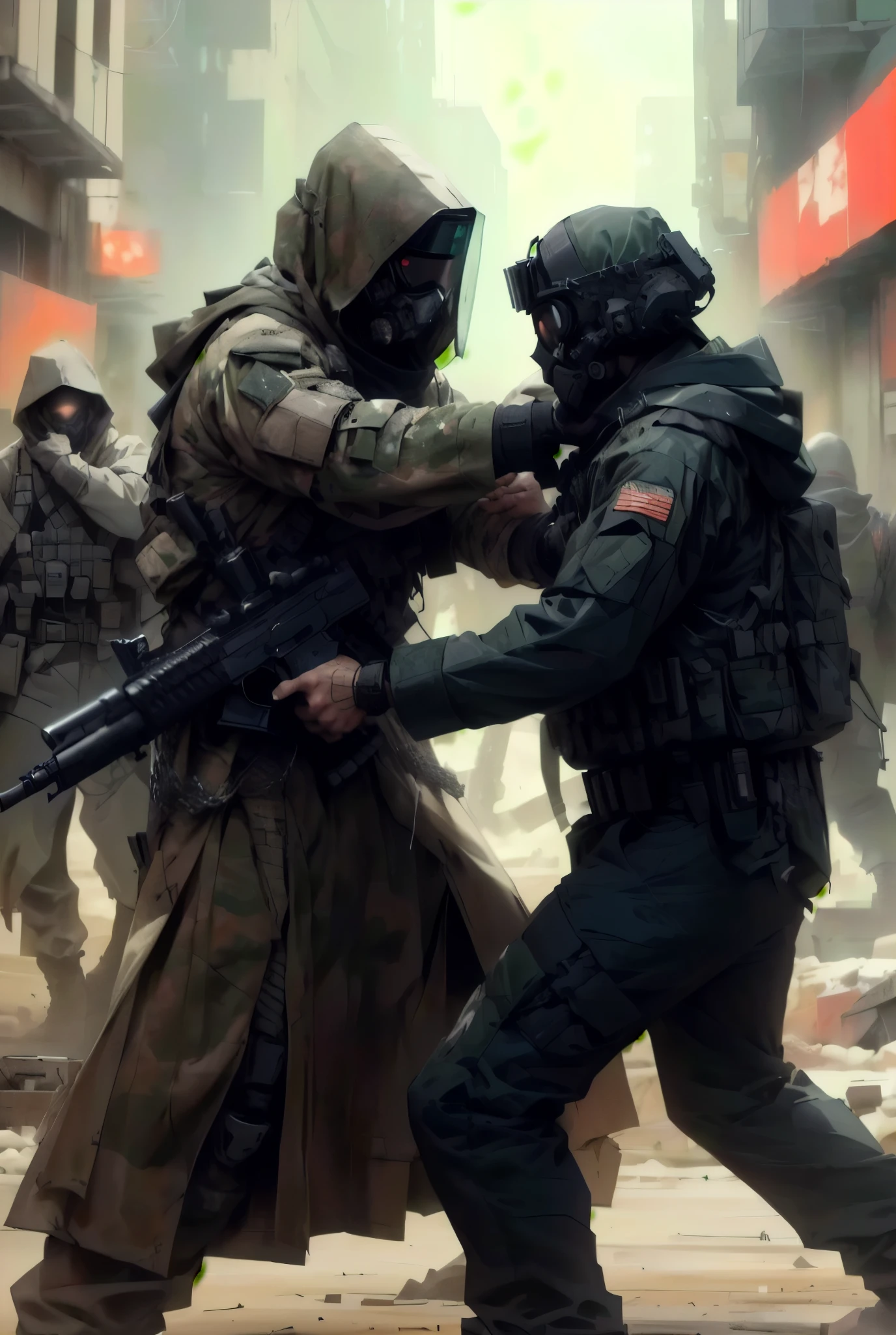 a man in tattered robes and wearing a mask and goggles is actively stabbing another man wearing modern military gear in the gut, man in robes wearing chains around belt and neck and is wearing a droopy hood, man in military gear is wearing a dark green camo hoodie and tactical vest plus helmet and is currently dropping his gun, very artistic posing, great composition. flat shading, drawing outlines, apocalyptic, cinematic scene, at an artistic angle, very dramatic, people in the background attacking each other and gunning each other down, very intense and action-packed scene