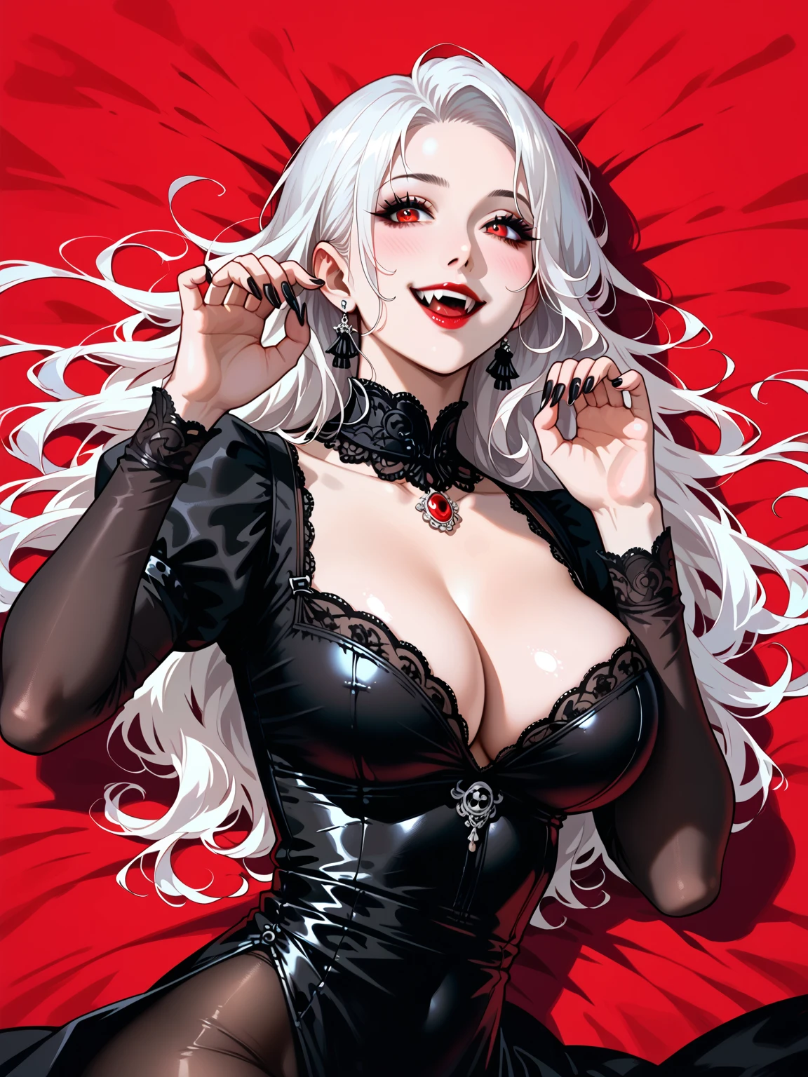 Masterpiece, score_9, score_8_up, score_7_up, Elegant woman, Yor Bihar, very detailed, she is ghostly pale, cute face, flushed face, skin white as sheet, glossy skin, well-endowed body, medium weight, chest cleavage, (huge breasts: 1.1), red lips, open mouth, very long vampire fangs jutting out of her mouth (black gothic dress), dressed in a western black gothic dress and black pantyhose, long sleeves, lying down in an elegant position, mature smile, long hair, curly hair, white hair, anime 2.5d art style, beautiful, side view, charming, sharp red eyes, kind face, focus on the face, clean beautiful face, hands up, cat pose, long nails, black nails, soft light, bright red background
