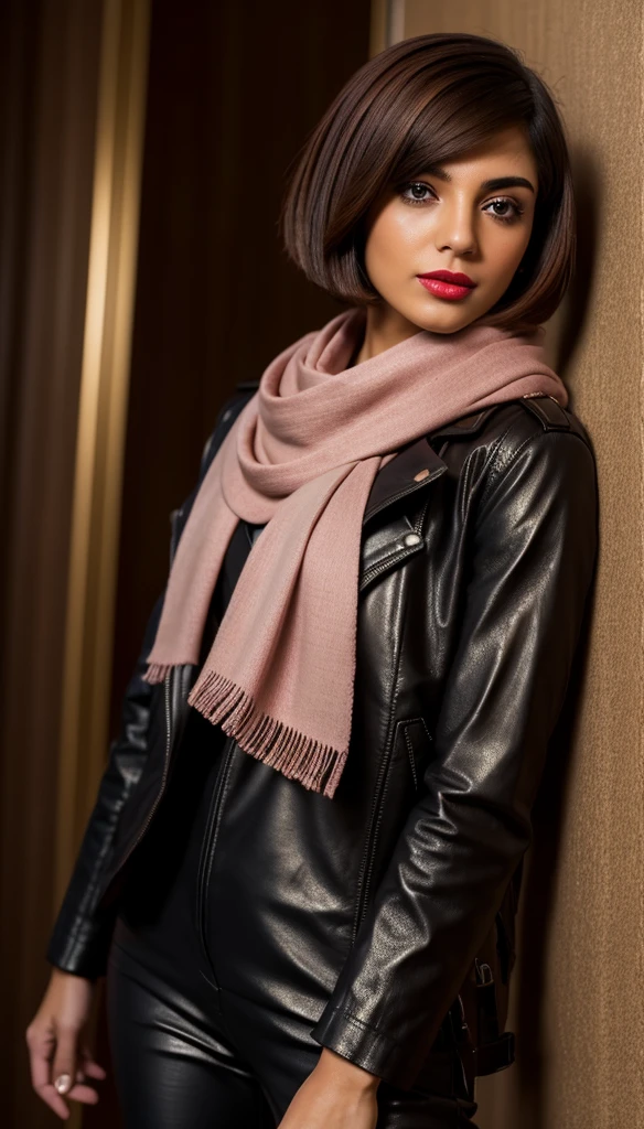 Iranian woman, brown hair, beautiful bob cut, exhibiting warmth, charm, black leather jacket with feminine touches, skinny trousers, riding boots, pink scarf, leather backpack, soft makeup, striking red lipstick, in a half-body portrait, casual stance, golden ratio composition, vivid lighting emphasizes texture and form, ultra-fine detail captures the mock necklace design, fabric weave, high resolution, 8k, dramatic lighting.