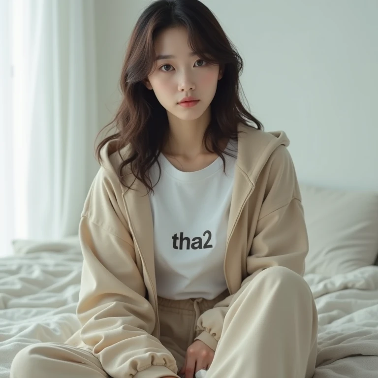 A person is daydreaming while hugging his legs using a white sweater and on his sweater there is written abay, With the power of split hair, and in front of it there are two sides, the first side is the natural beauty, and the other one is hot lava that is so burning 

