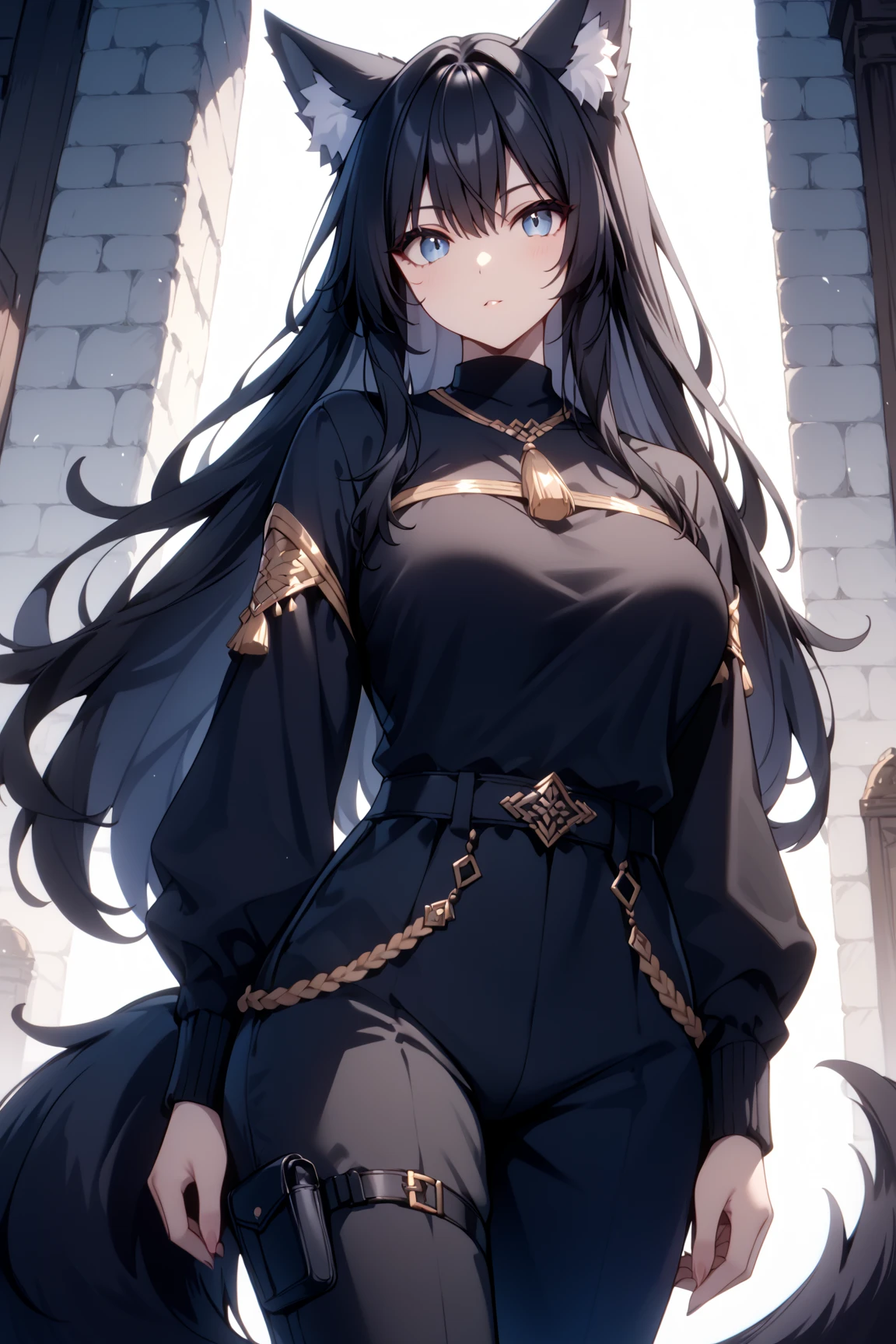 score_9, score_8_up, score_7_up, rating_safe, 1girl, cute, feminine, average height, Wolf girl, human skin, human face, long black hair, black fur, fluffy tail, shemale, strong, fluffy ears, sultry, jewelry, black hair, black fur, large breasts, fantasy great war, combat, fighting