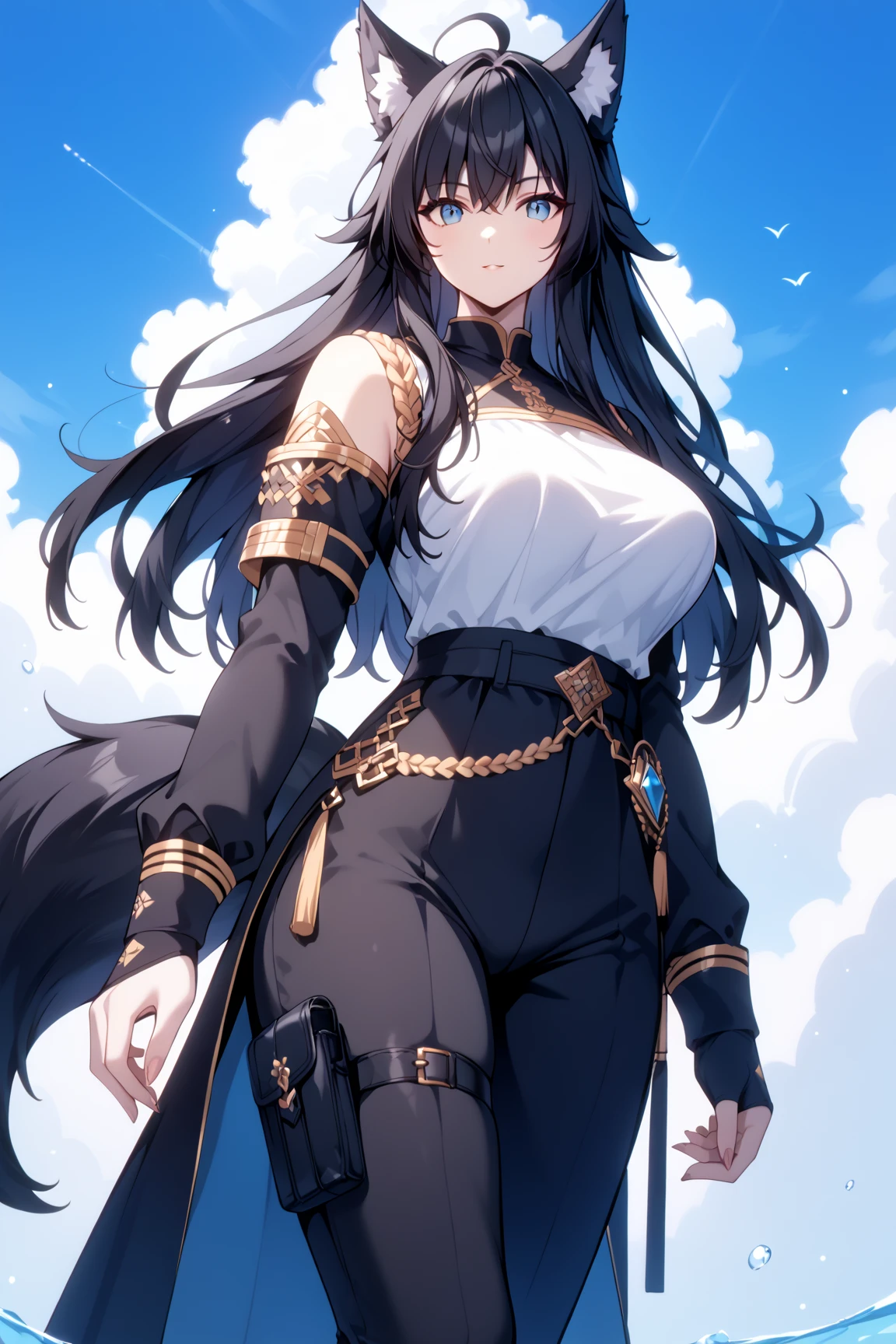 score_9, score_8_up, score_7_up, rating_safe, 1girl, cute, feminine, average height, Wolf girl, human skin, human face, long black hair, black fur, fluffy tail, shemale, strong, fluffy ears, sultry, jewelry, black hair, black fur, large breasts, fantasy great war, combat, fighting