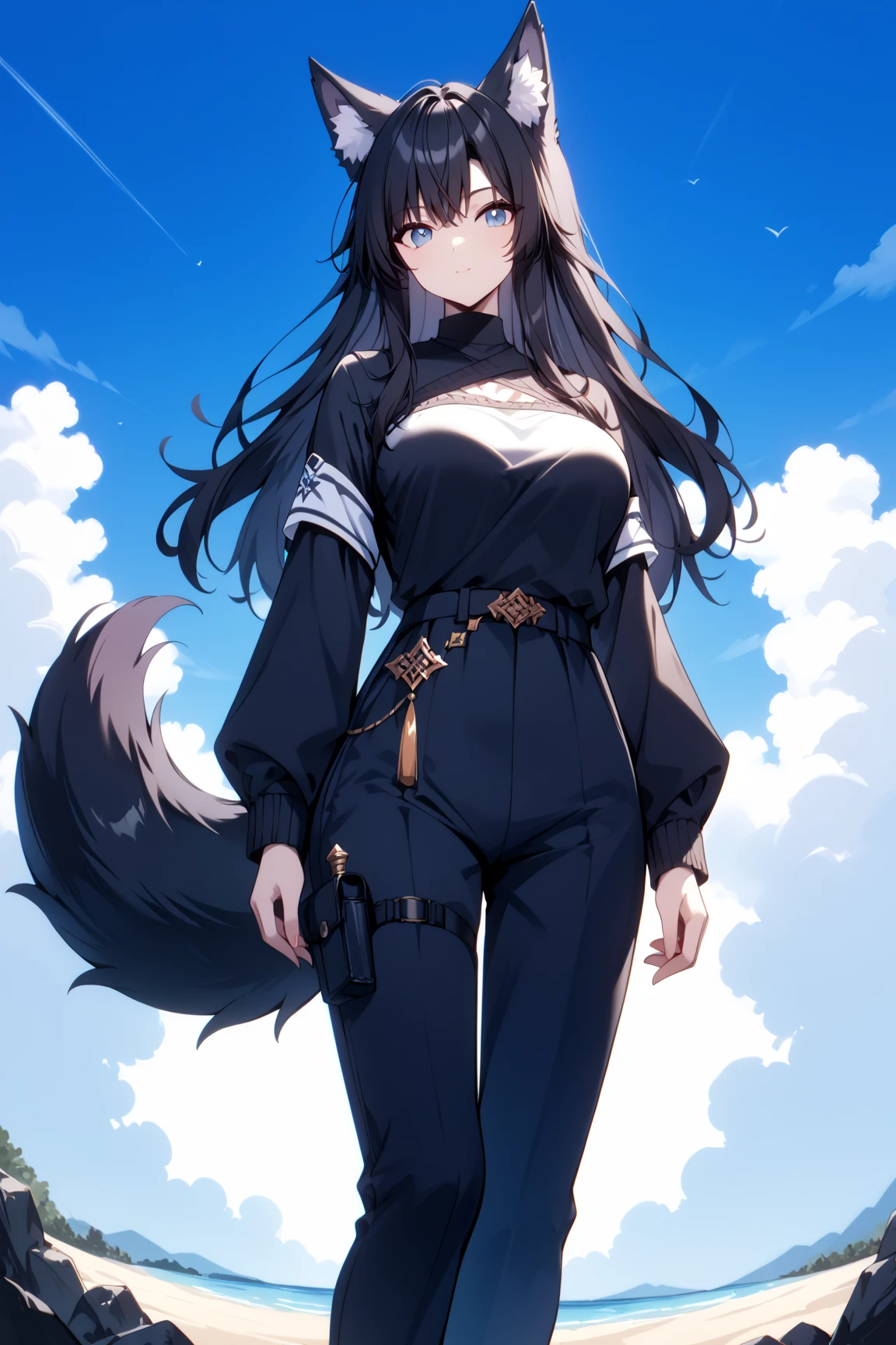 score_9, score_8_up, score_7_up, rating_safe, 1girl, cute, feminine, average height, Wolf girl, human skin, human face, long black hair, black fur, fluffy tail, shemale, strong, fluffy ears, sultry, jewelry, black hair, black fur, large breasts, fantasy great war, combat, fighting