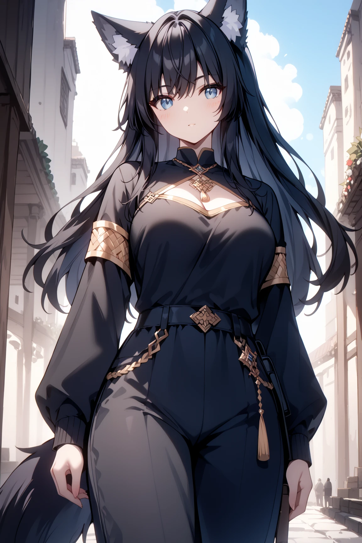 score_9, score_8_up, score_7_up, rating_safe, 1girl, cute, feminine, average height, Wolf girl, human skin, human face, long black hair, black fur, fluffy tail, shemale, strong, fluffy ears, sultry, jewelry, black hair, black fur, large breasts, fantasy great war, combat, fighting