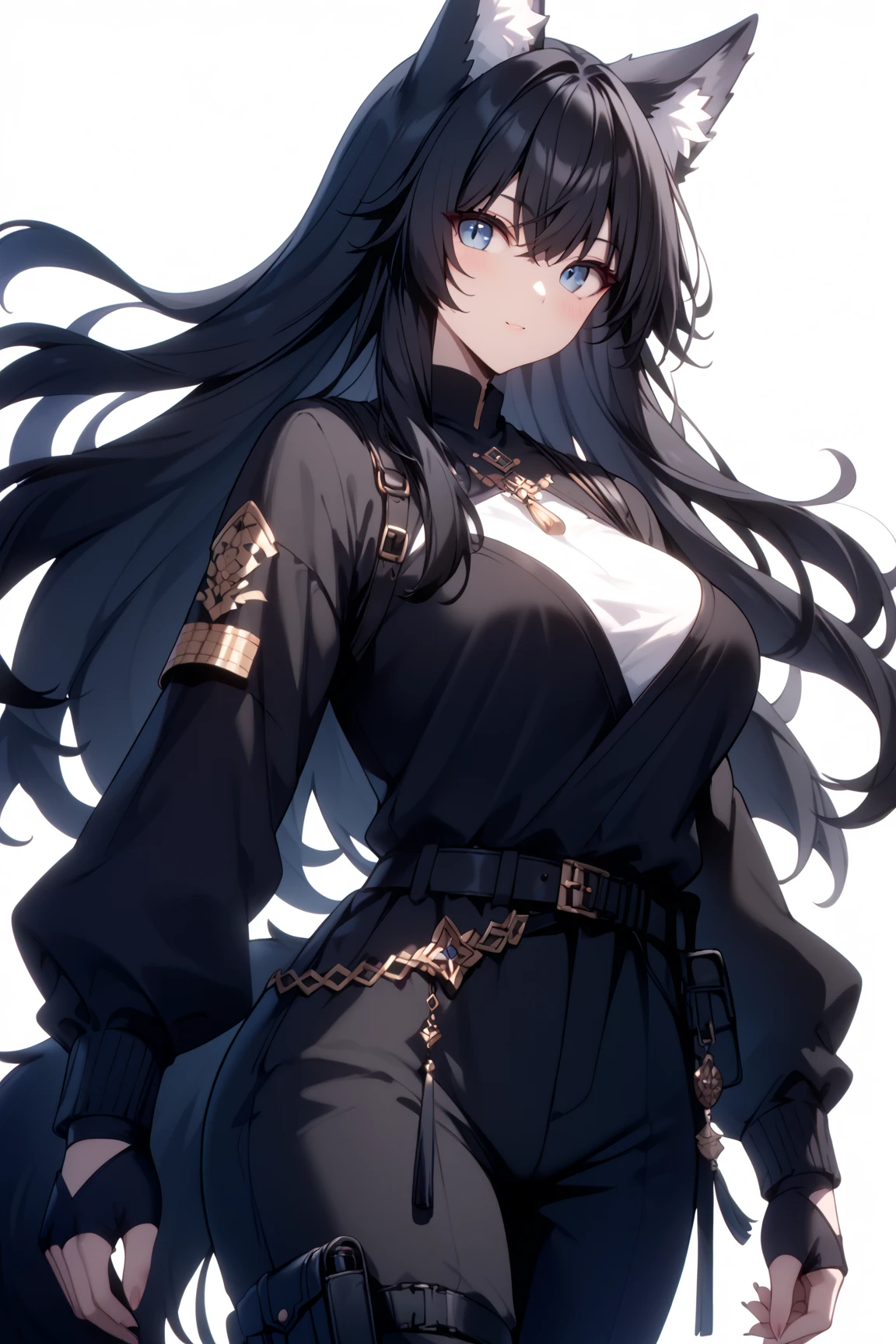 score_9, score_8_up, score_7_up, rating_safe, 1girl, cute, feminine, average height, Wolf girl, human skin, human face, long black hair, black fur, fluffy tail, shemale, strong, fluffy ears, sultry, jewelry, black hair, black fur, large breasts, fantasy great war, combat, fighting