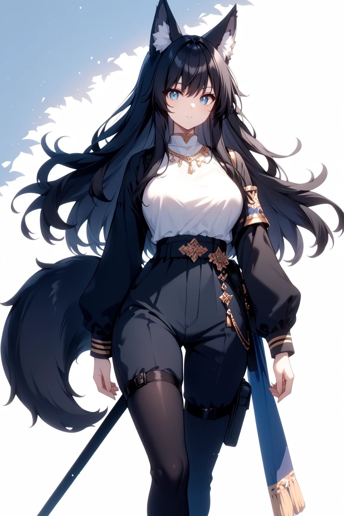 score_9, score_8_up, score_7_up, rating_safe, 1girl, cute, feminine, average height, Wolf girl, human skin, human face, long black hair, black fur, fluffy tail, shemale, strong, fluffy ears, sultry, jewelry, black hair, black fur, large breasts, fantasy great war, combat, fighting